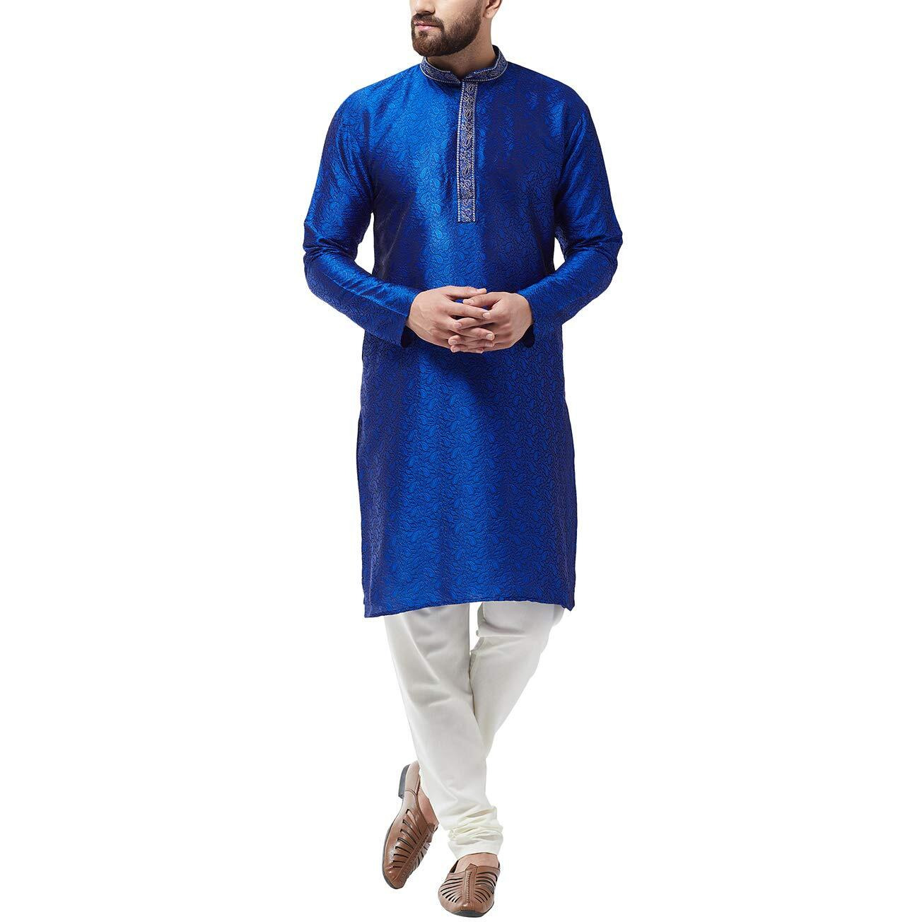 Sojanya Men's Silk Blend Royal Blue Kurta And Off White Churidar Pyjama Set