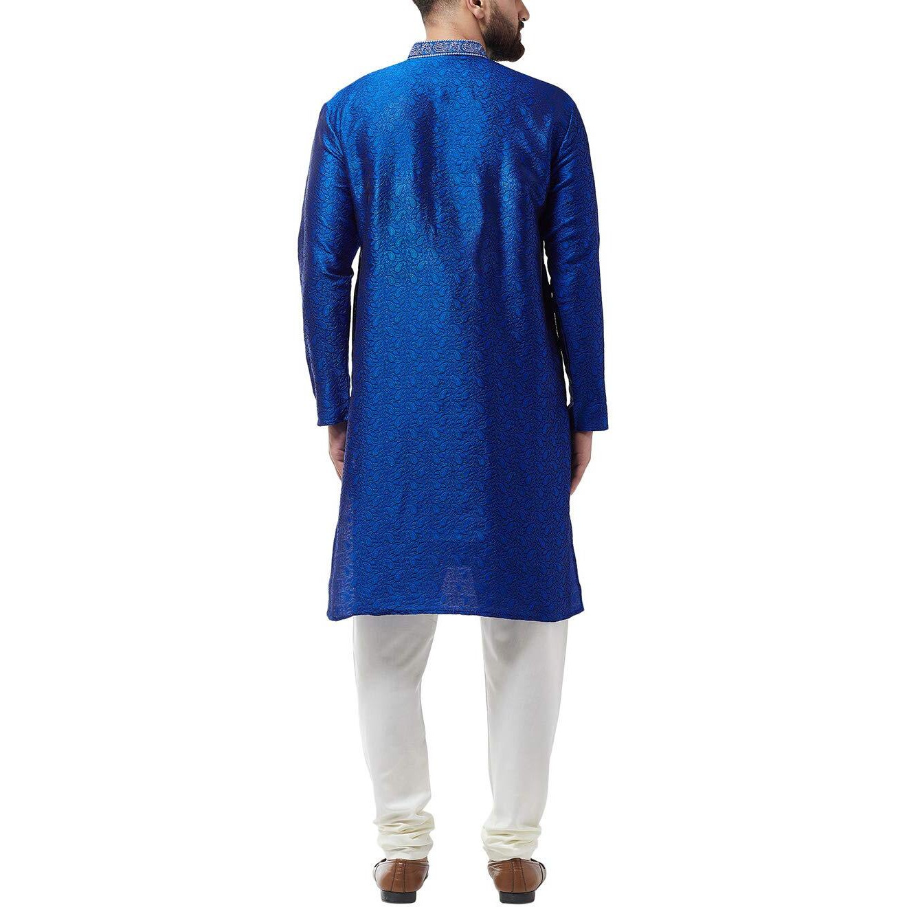 Sojanya Men's Silk Blend Royal Blue Kurta And Off White Churidar Pyjama Set