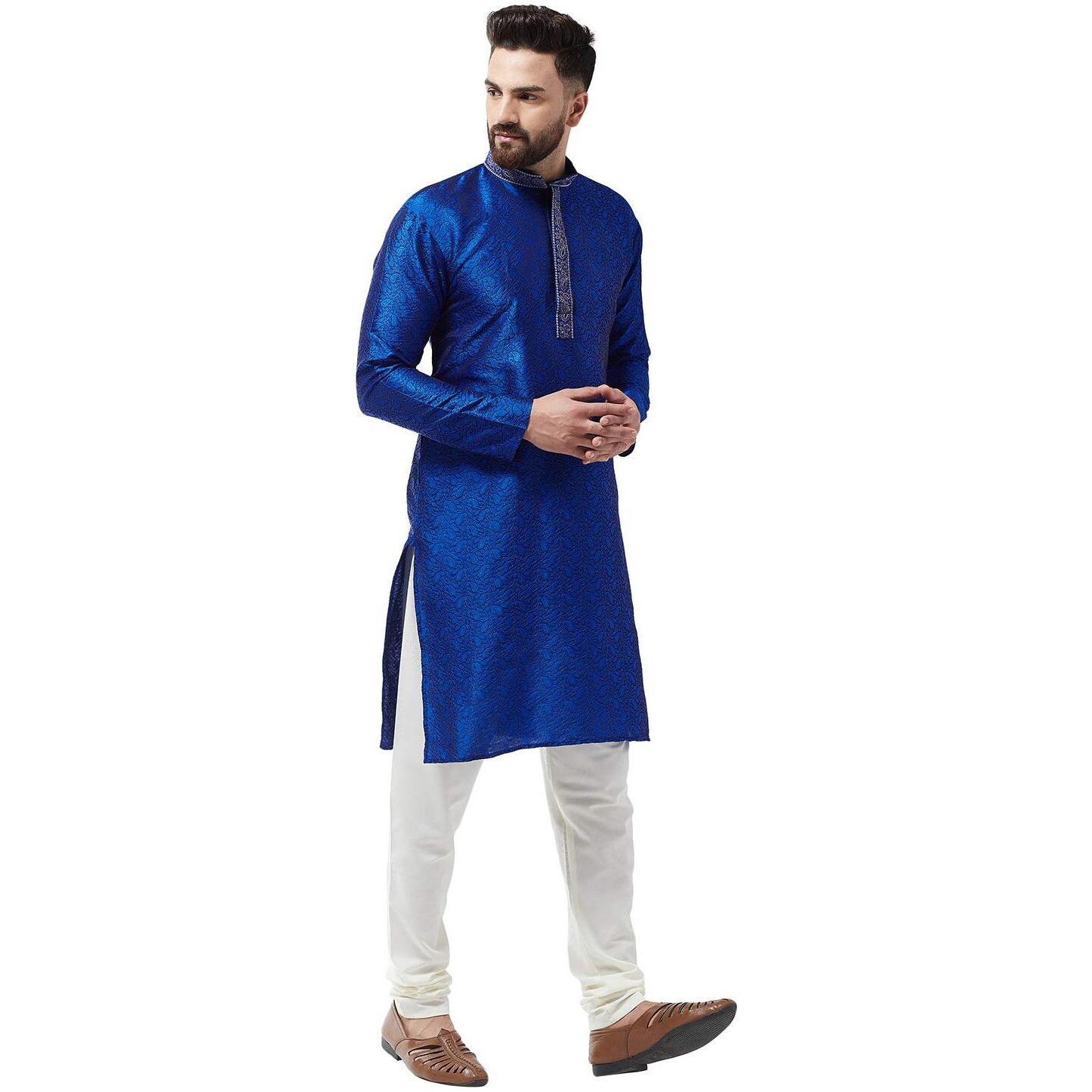 Sojanya Men's Silk Blend Royal Blue Kurta And Off White Churidar Pyjama Set