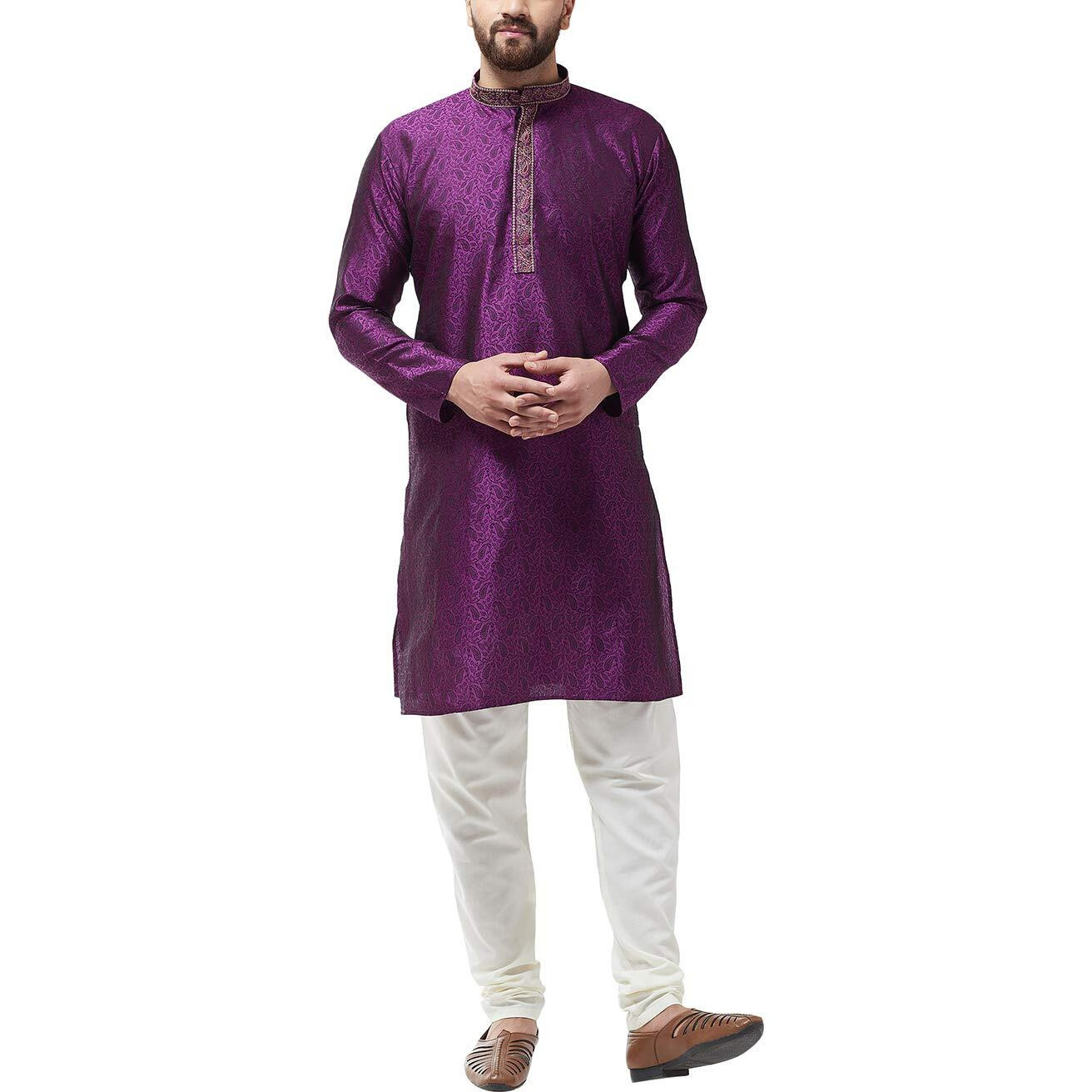 Sojanya (Since 1958, Men's Silk Blend Purple Kurta And Off White Churidar Pyjama Set, Size 40