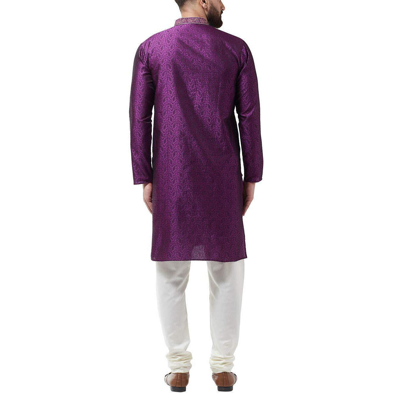 Sojanya (Since 1958, Men's Silk Blend Purple Kurta And Off White Churidar Pyjama Set, Size 40