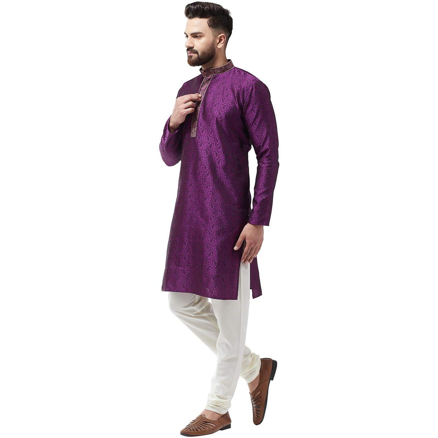 Sojanya (Since 1958, Men's Silk Blend Purple Kurta And Off White Churidar Pyjama Set, Size 40