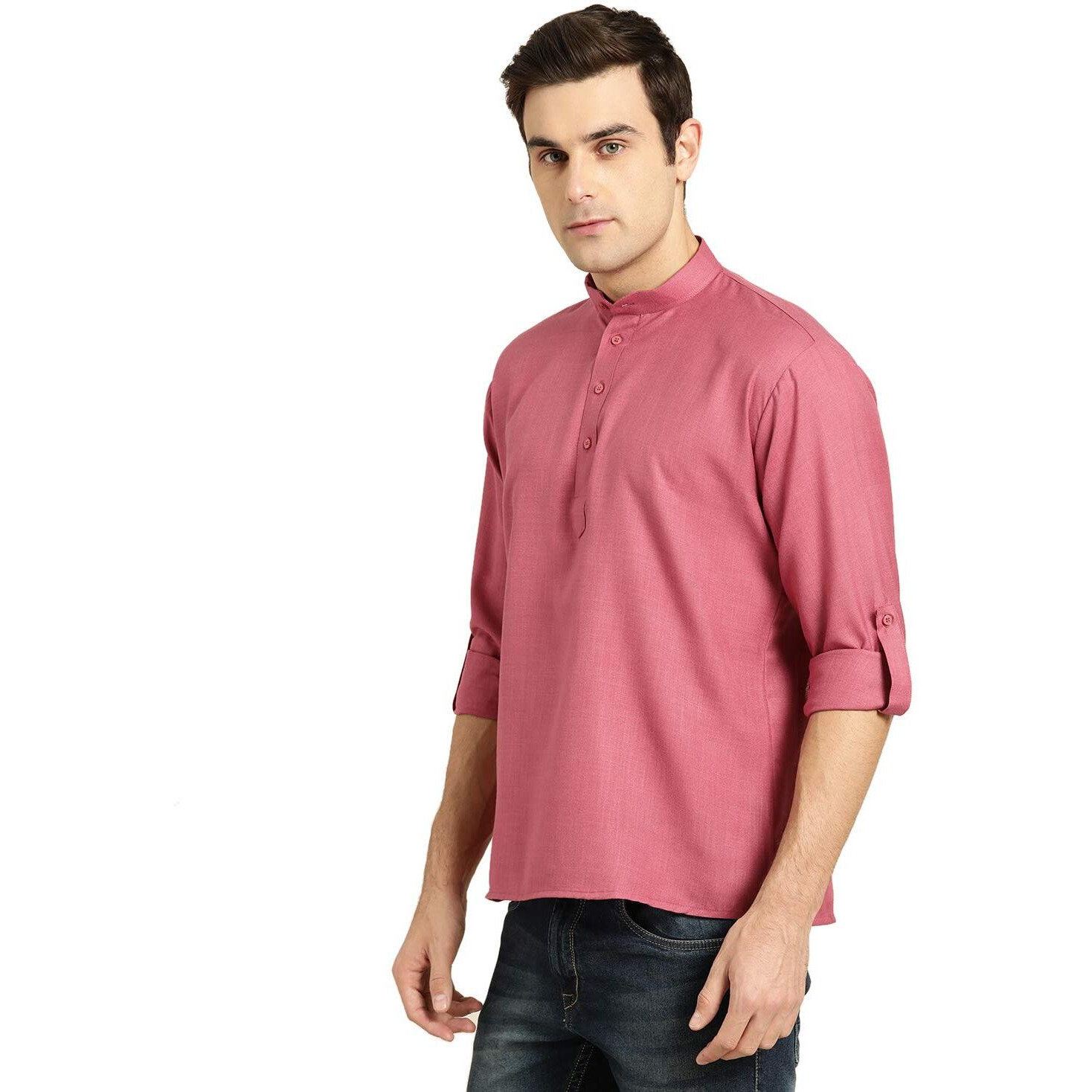 Sojanya (Since 1958, Men's Cotton Dark Coral Short Kurta, Size 40