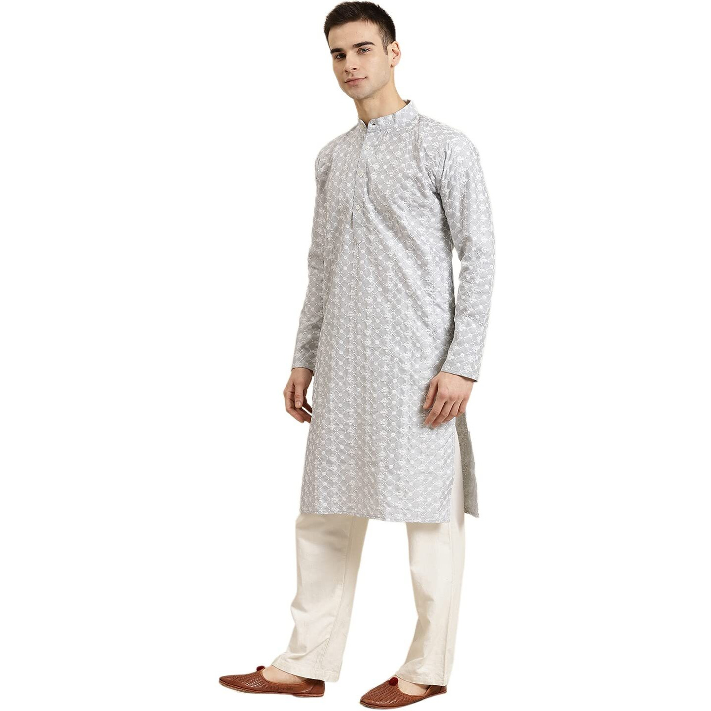 Sojanya (Since 1958, Men's Silk Blend Light Grey Embroidered Only Kurta, Size 38