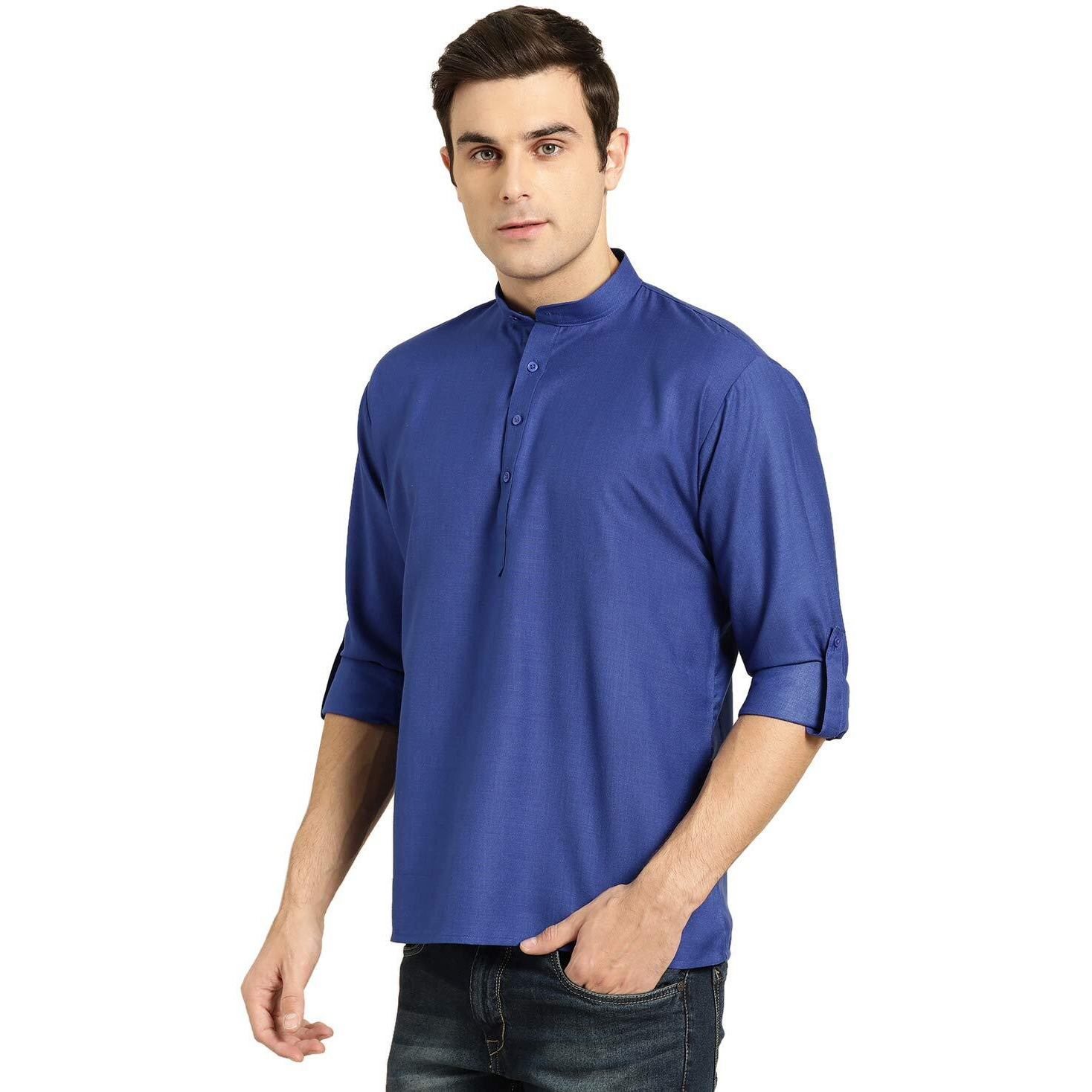 Sojanya (Since 1958, Men's Cotton Royal Blue Short Kurta, Size 38