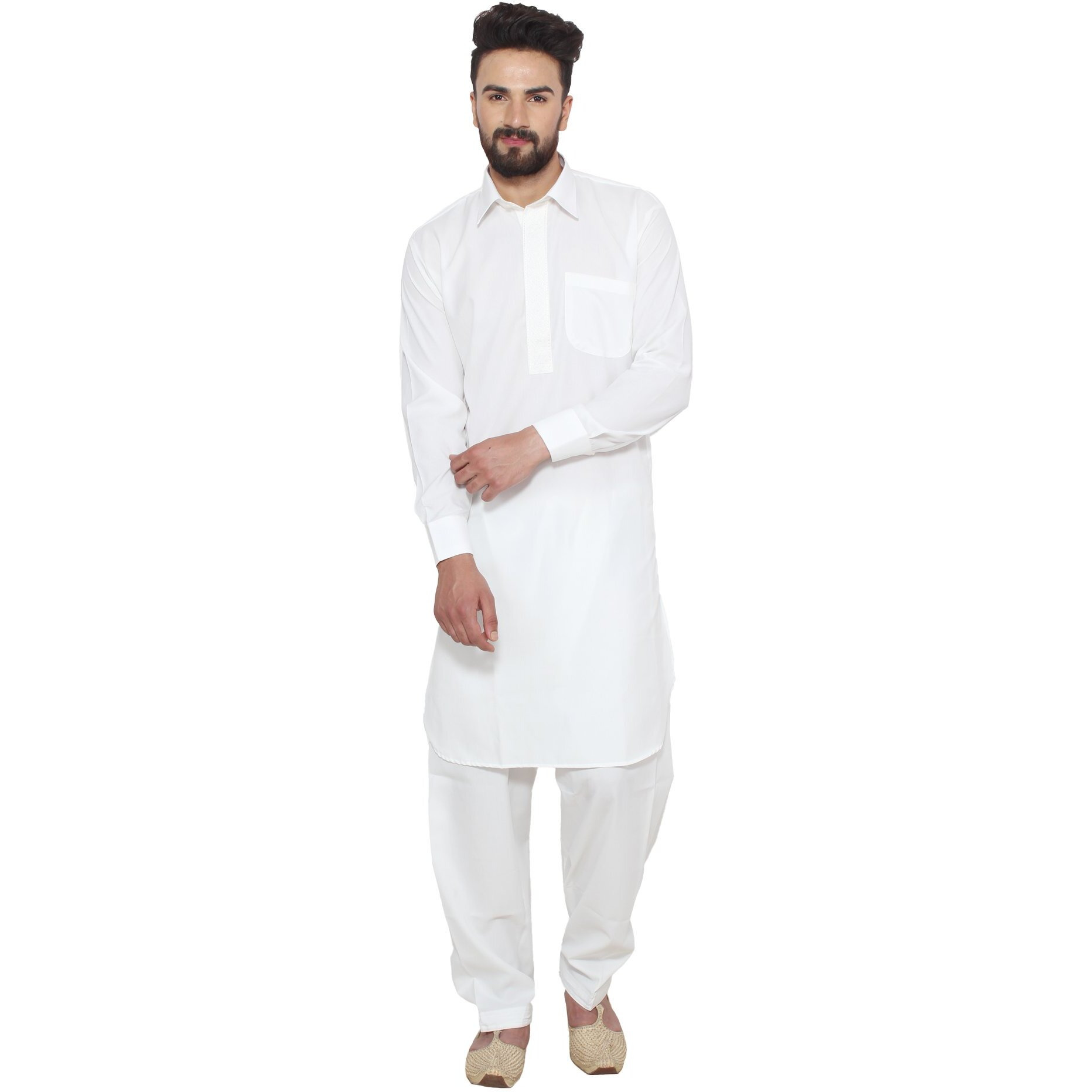 Sojanya (Since 1958, Men's Cream Cotton Blend Pathani Kurta & Salwar Set, Size L