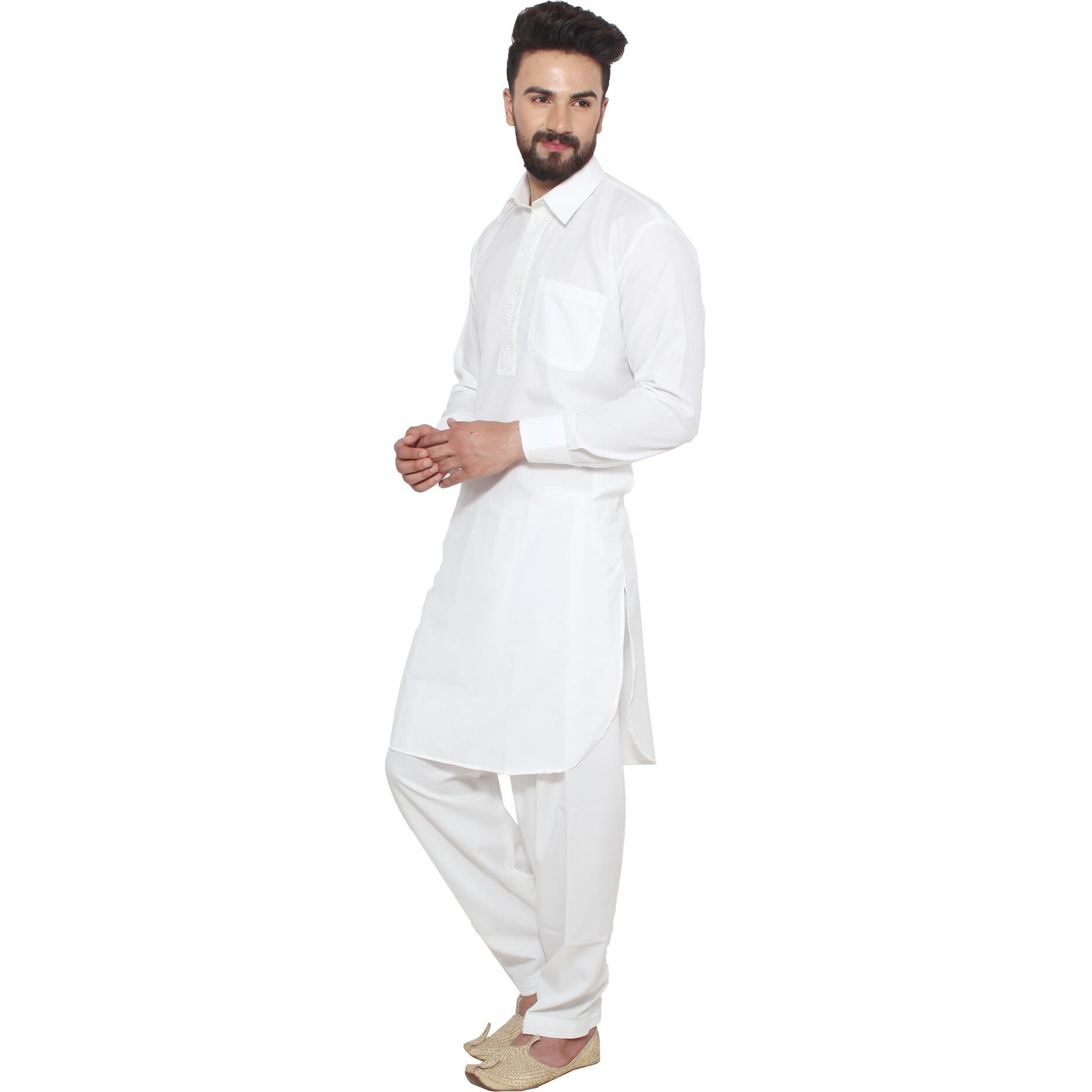 Sojanya (Since 1958, Men's Cream Cotton Blend Pathani Kurta & Salwar Set, Size L