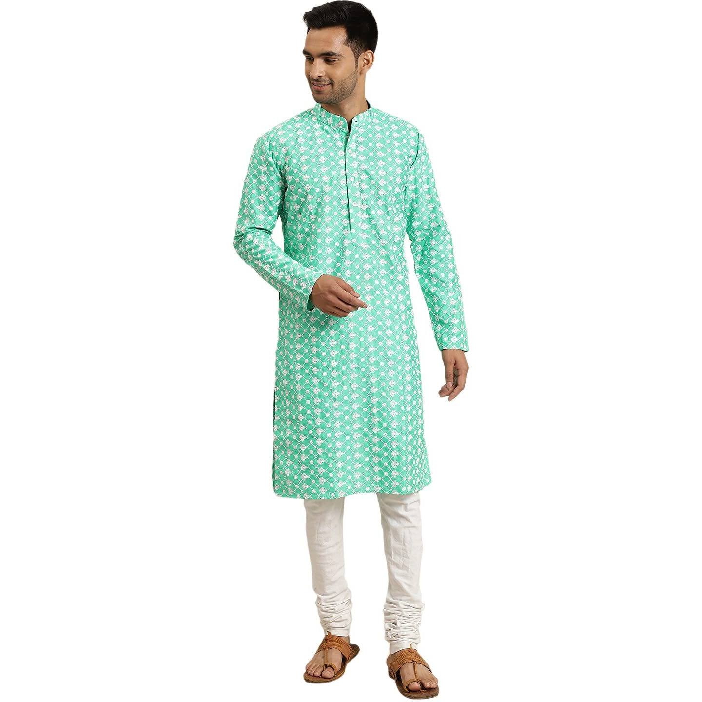 Sojanya (Since 1958, Men's Silk Blend Rama Green Embroidered Only Kurta, Size 42
