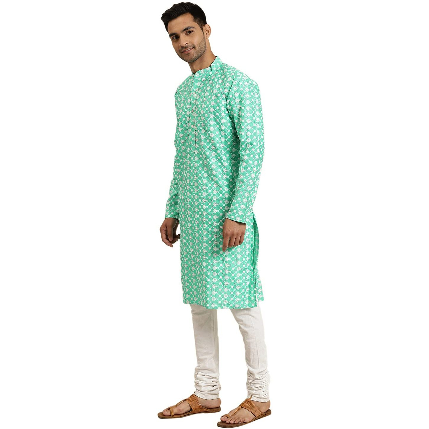 Sojanya (Since 1958, Men's Silk Blend Rama Green Embroidered Only Kurta, Size 42