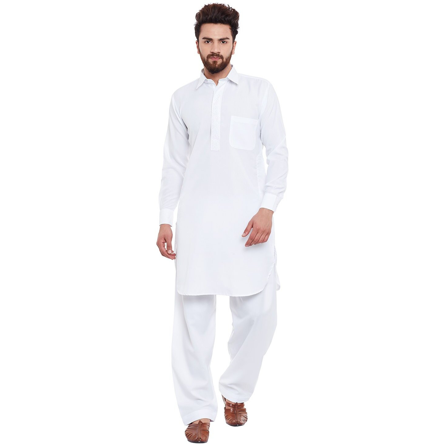Sojanya (Since 1958, Men's White Cotton Blend Pathani Kurta & Salwar Set, Size M