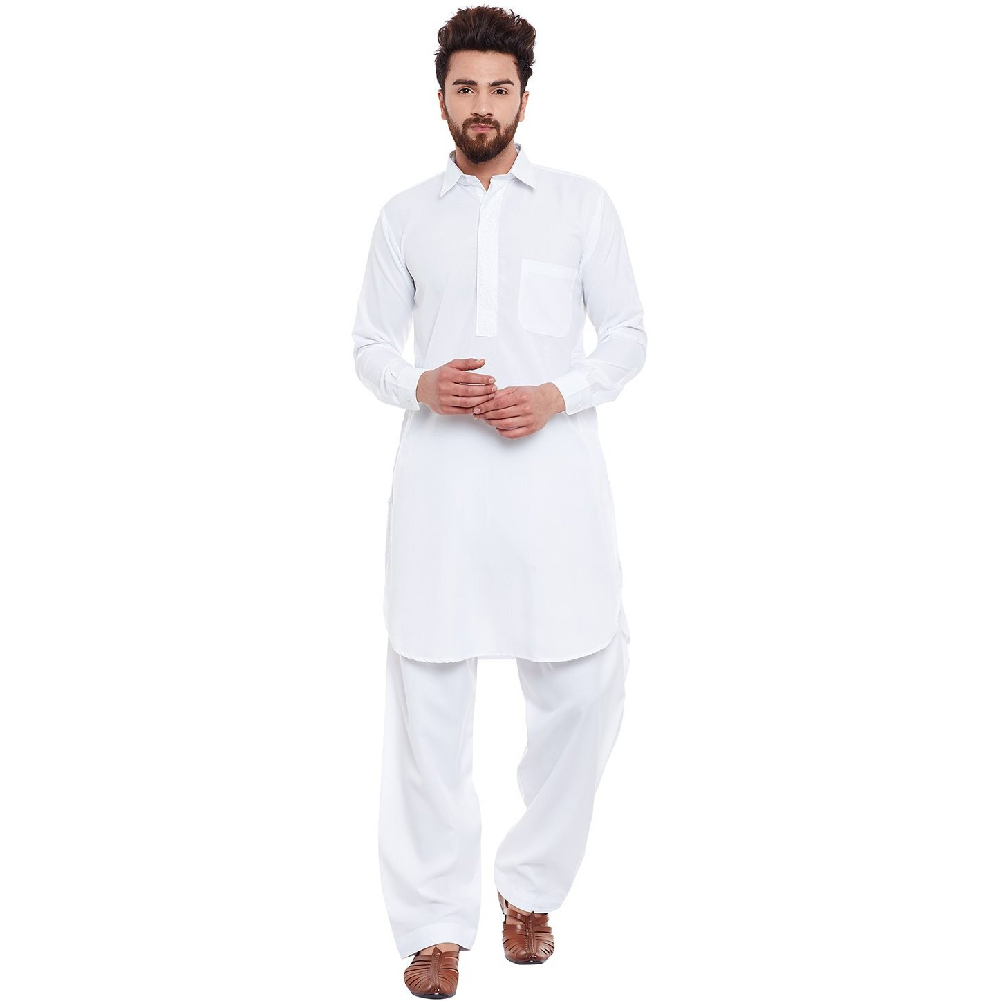 Sojanya (Since 1958, Men's White Cotton Blend Pathani Kurta & Salwar Set, Size M
