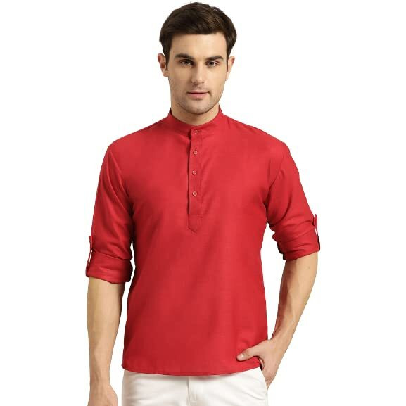 Sojanya (Since 1958, Men's Cotton Red Short Kurta, Size 40