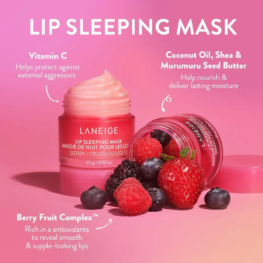 Laneige Lip Sleeping Mask_Ex | Moisturizing Lip Treatment With Vitamin C + Shea Butter For Soft Hydrated Lips | Overnight Repair | Lip Balm For Dry Chapped Lips | Lasting Hydration| Berry |20Gm