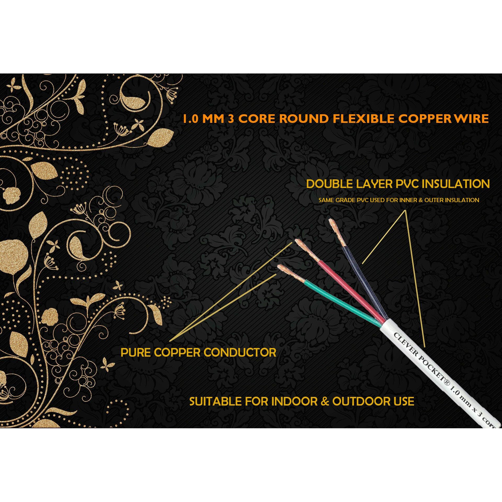 Clever Pocket 1.0 Sq. Mm 3 Core Round Copper Wires & Cables For Home, Domestic & Industrial Electrical Connections  White (20 Meter Long Wire)