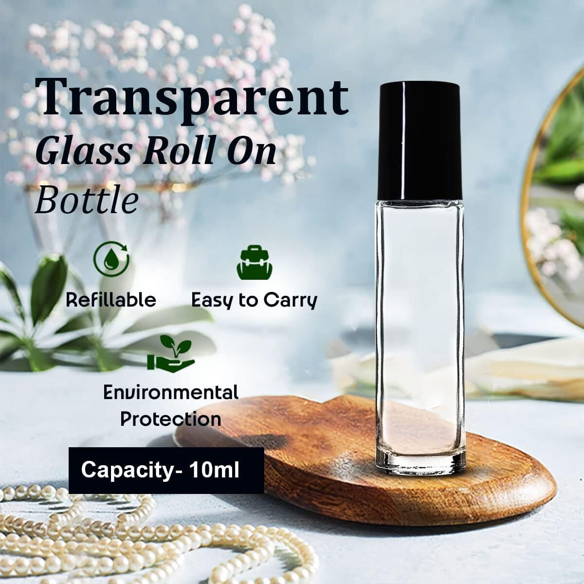 Nsb Herbals Empty Clear/Transparent Glass Roll On Bottles (10 Ml) With Black Cap For Essential Oils, Perfumes, Lip Balms | Refillable & Eco - Friendly Leakproof Bottle (Pack Of 12)