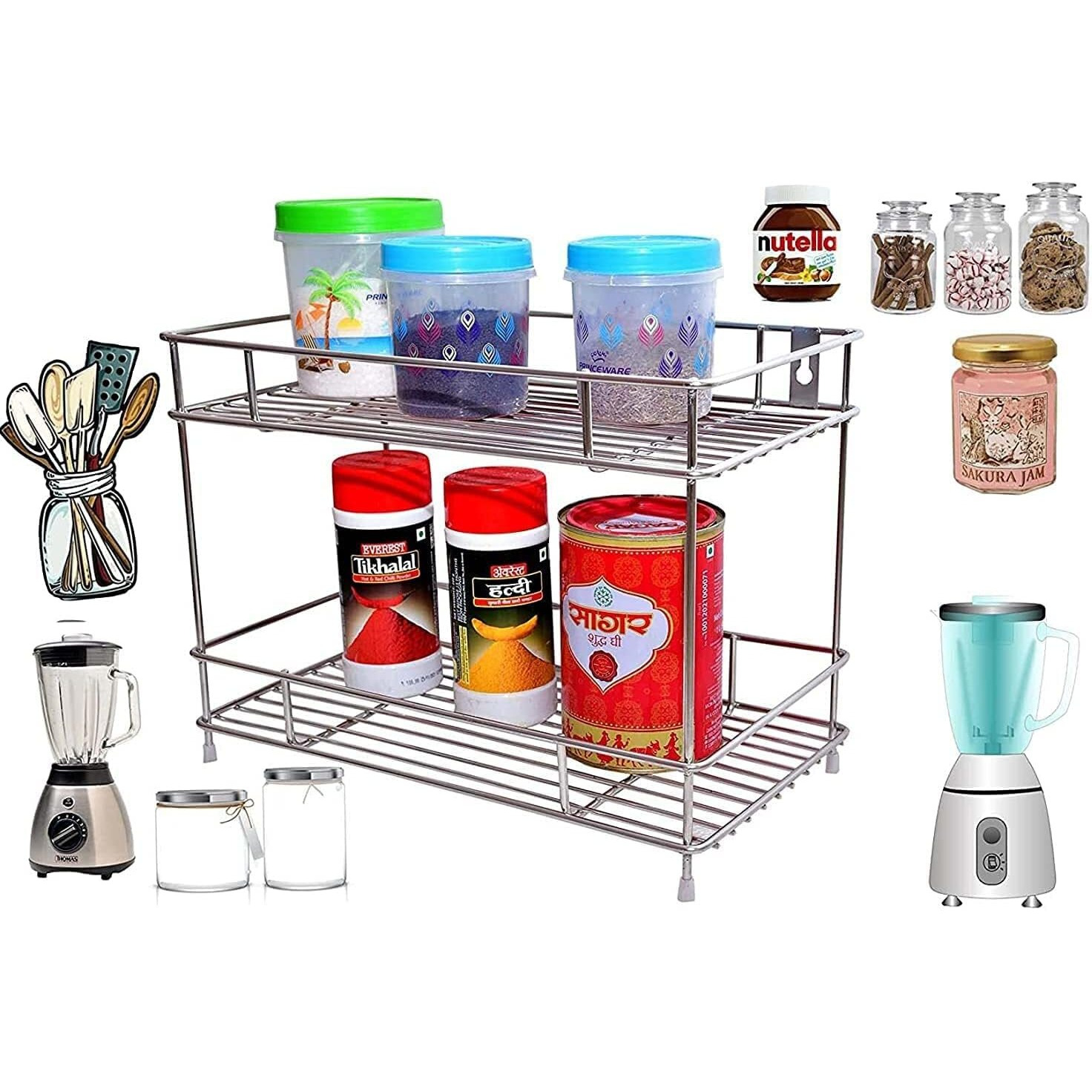 Techsrmaji Stainless Steel 2 Tier Kitchen Rack, Countertop Organizer Rack, Dish Rack For Kitchen, 2 Layer Storage Rack, Masala Stand For Kitchen Spice Rack