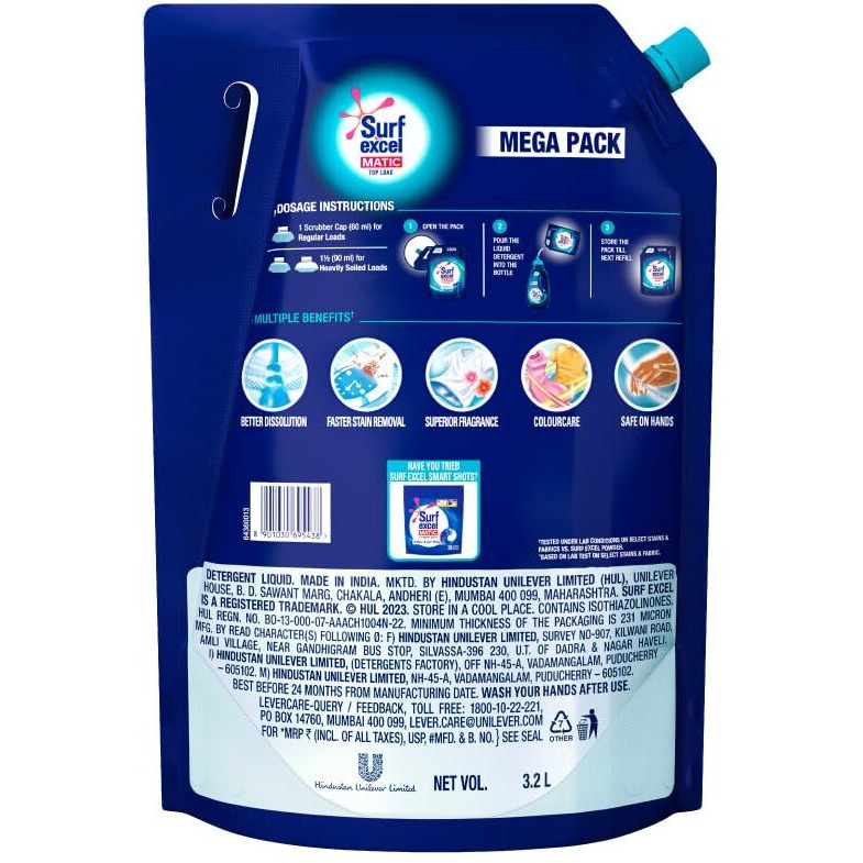 Surf Excel Matic Top Load Liquid Detergent 3.2 L Refill, Designed For Tough Stain Removal On Laundry In Washing Machines - Mega Pack (Package May Differ)