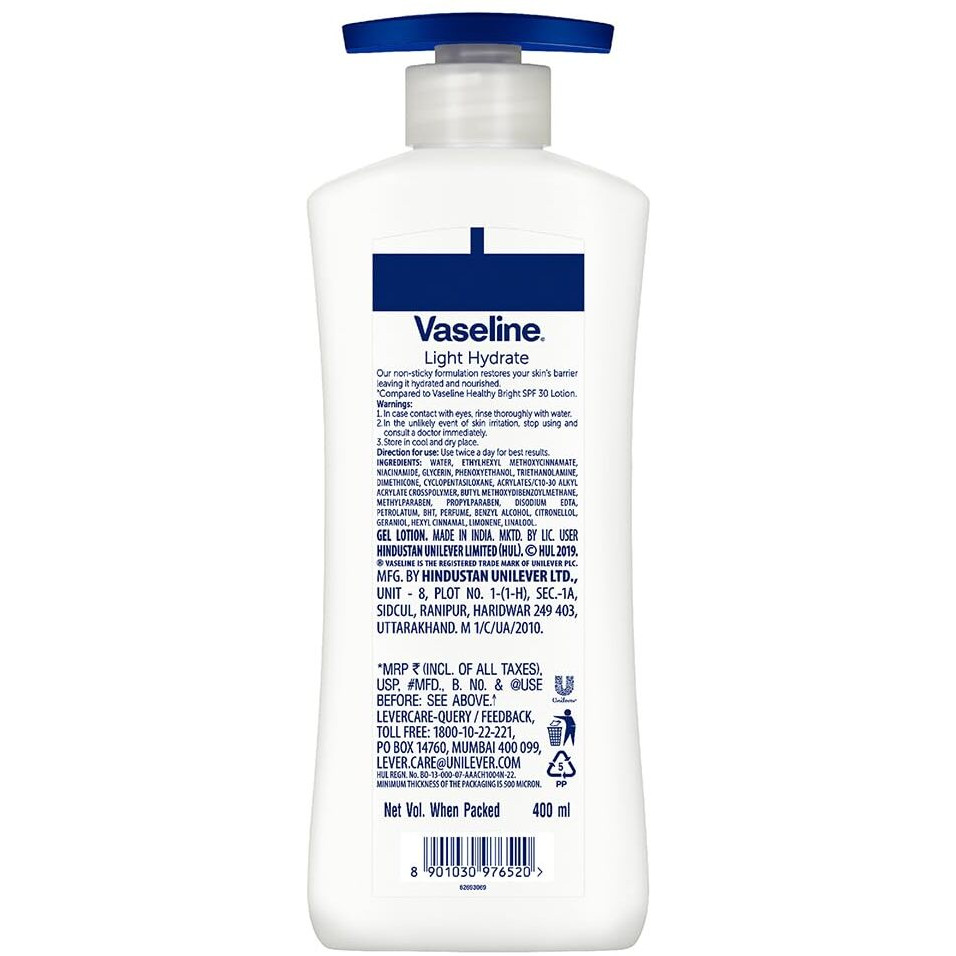 Vaseline Light Hydrate Serum In Lotion, 400 Ml | Superlight & Non-Sticky For Hydration Boost