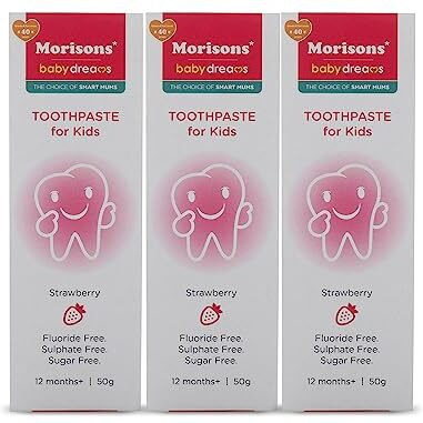 Morisons Baby Dreams Kids Strawberry Flavour Toothpaste 50 Gm (Pack Of 3), Fluoride Free, Sulphate Free & Sugar Free, 12M+