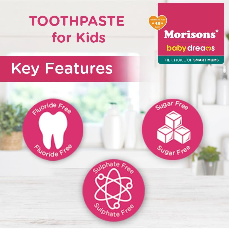 Morisons Baby Dreams Kids Strawberry Flavour Toothpaste 50 Gm (Pack Of 3), Fluoride Free, Sulphate Free & Sugar Free, 12M+