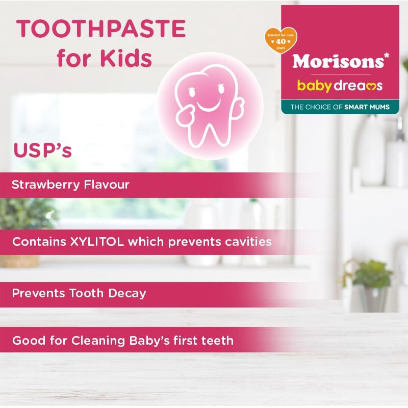 Morisons Baby Dreams Kids Strawberry Flavour Toothpaste 50 Gm (Pack Of 3), Fluoride Free, Sulphate Free & Sugar Free, 12M+