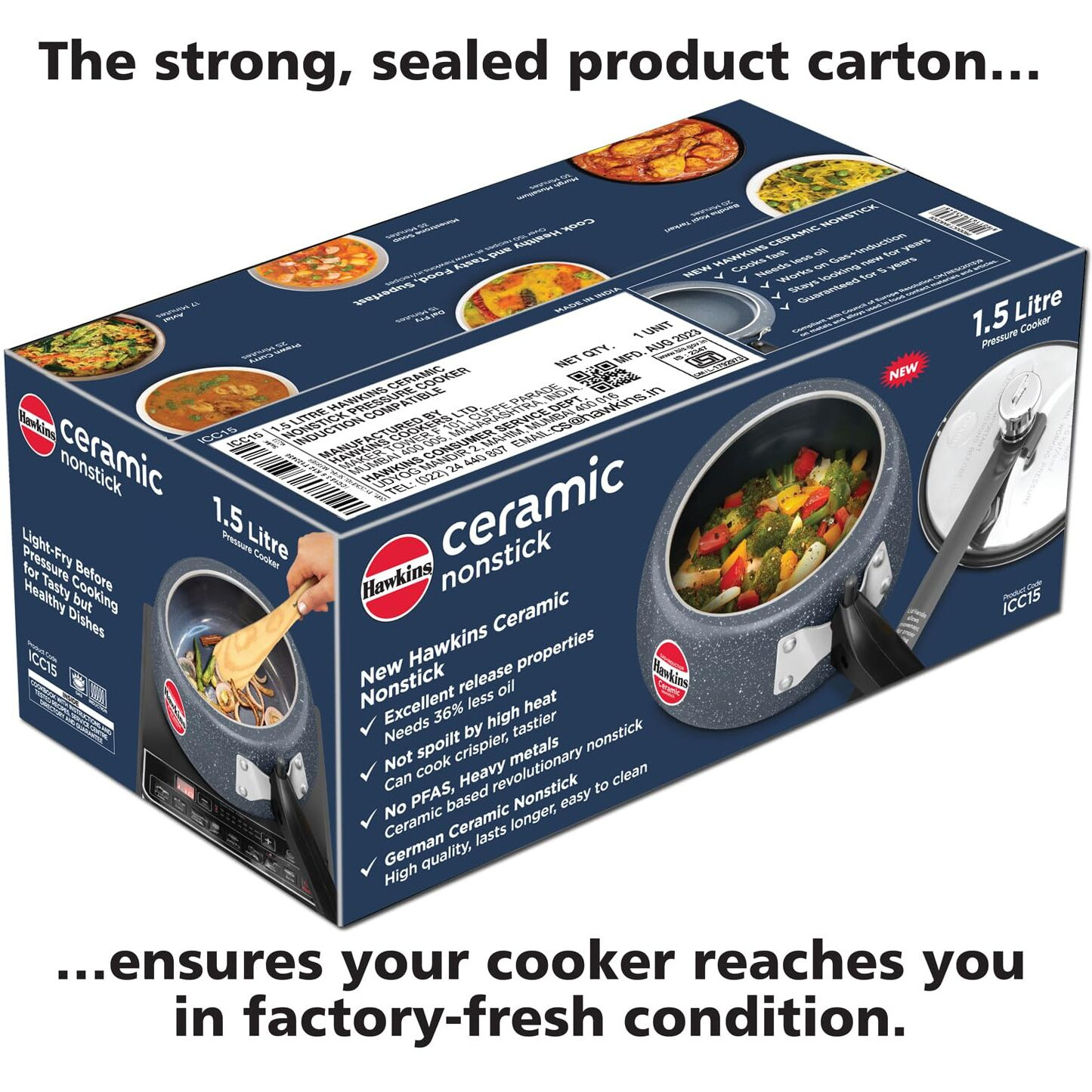 Hawkins 1.5 Litre Ceramic Nonstick Pressure Cooker, Induction Inner Lid Cooker, Granite Contura Shaped Cooker, Best Cooker, Blue (Icc15)