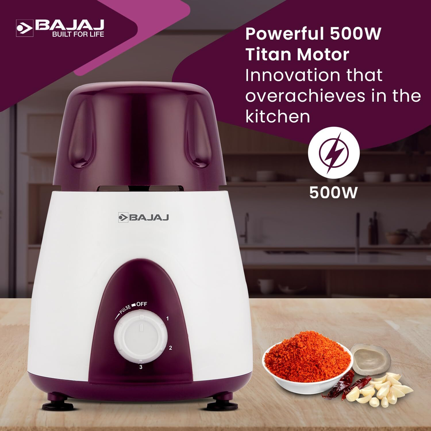 Bajaj Rex Mixer Grinder 500W|Mixie For Kitchen With Nutri-Pro Features|3 Ss Mixer Jars For Heavy Duty Grinding|Adjustable Speed Control|Multifunctional Blade System|2 Year Warranty By Bajaj|Purple