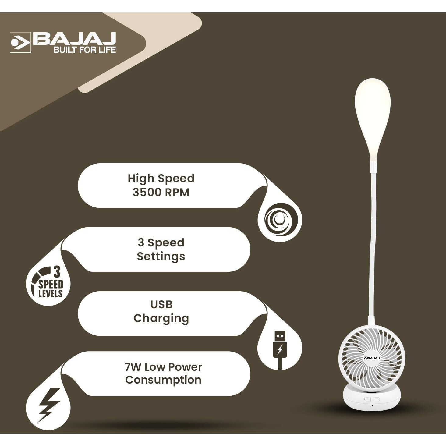 Bajaj Airlight 85 Mm Personal Rechargeable Fan With Task Lighting |8 W Table Fan| 360-Degree Table Lamp| 3-6 Hours* Battery Backup| Silent Operation| Usb Charging Fan| 1-Yr Warranty White