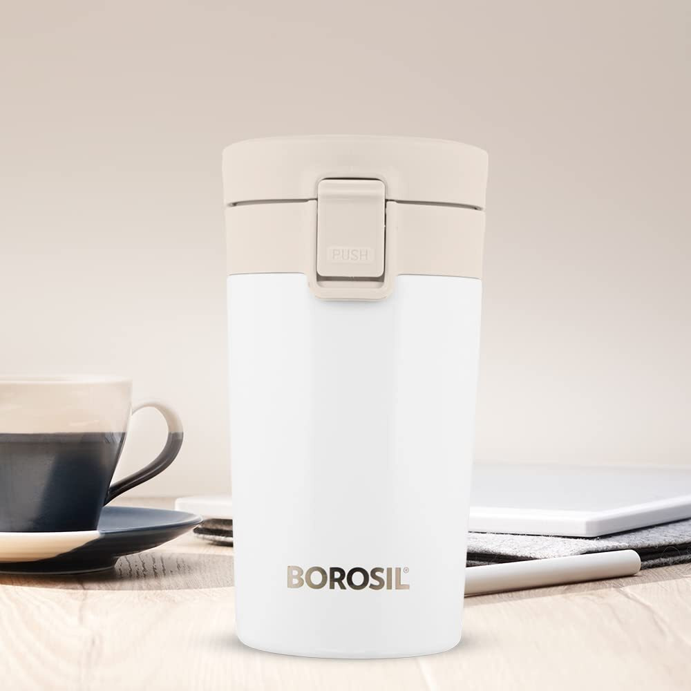 Borosil Coffeemate Insulated Mug, Vacuum Insulated Travel Coffee Mug With Lid, 8 Hours Hot And 14 Hours Cold, 300 Ml, White, Stainless Steel