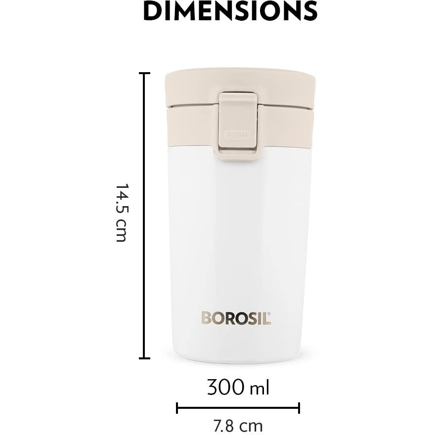 Borosil Coffeemate Insulated Mug, Vacuum Insulated Travel Coffee Mug With Lid, 8 Hours Hot And 14 Hours Cold, 300 Ml, White, Stainless Steel