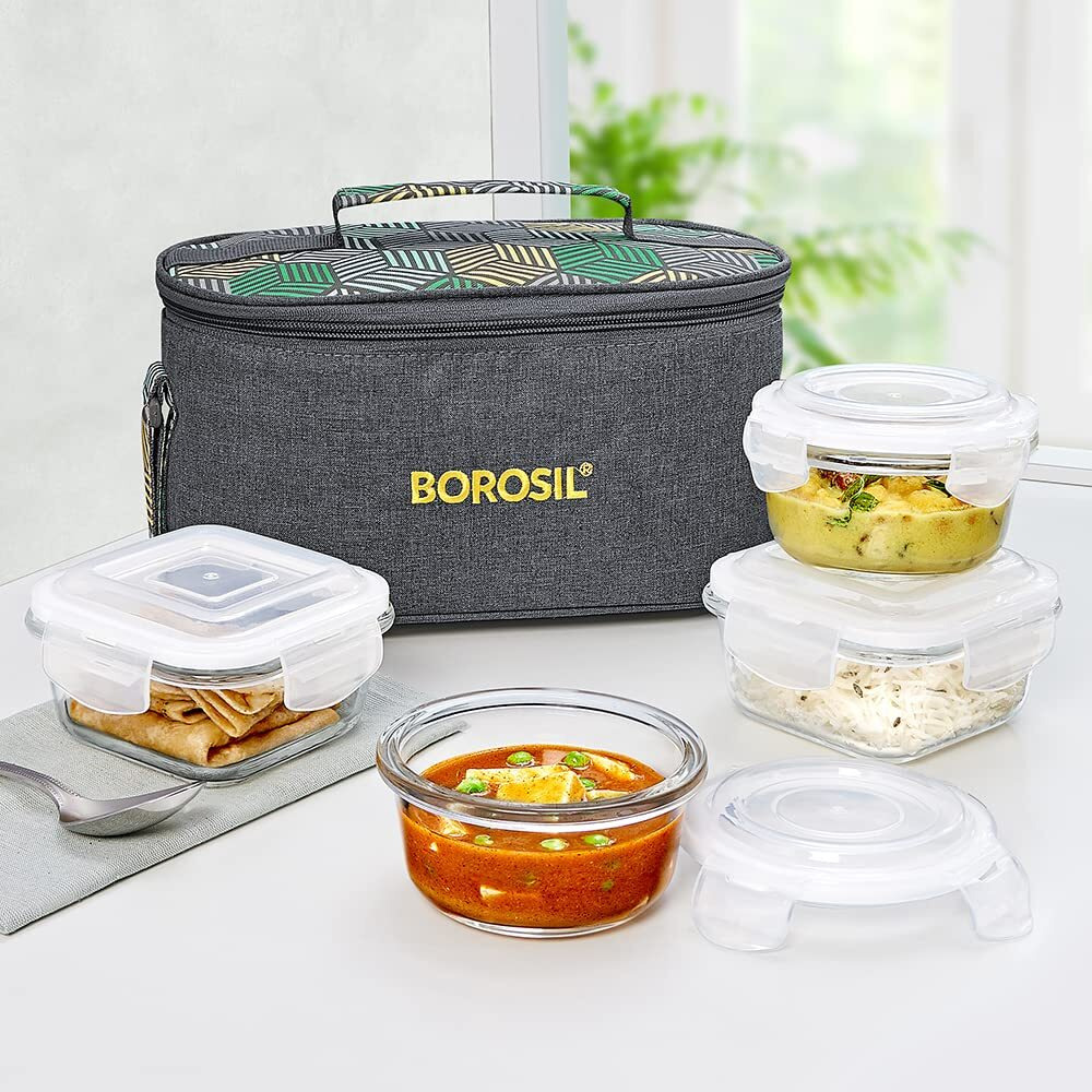 Borosil Foodluck Olive Lunch Boxes Set Of 4 (320 Ml, 240 Ml) With Lunch Bag, Universal (Borosilicate Glass)