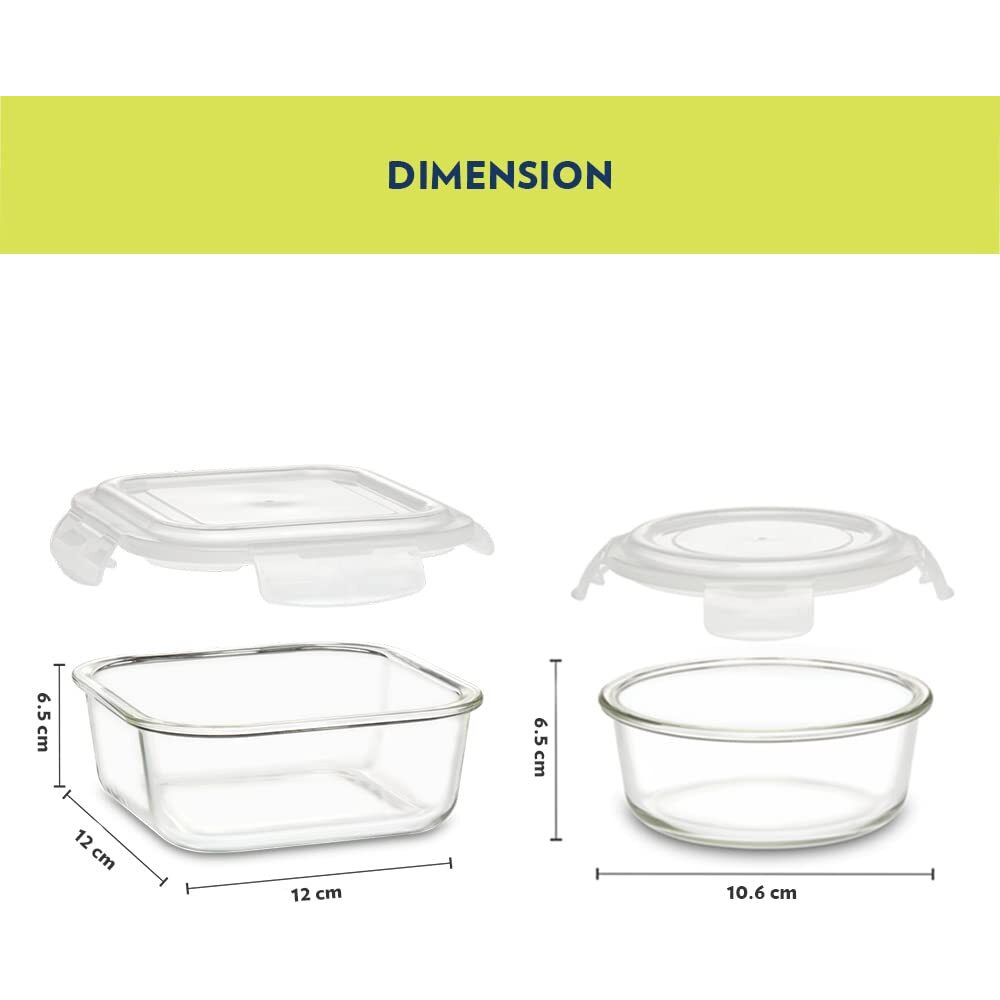 Borosil Foodluck Olive Lunch Boxes Set Of 4 (320 Ml, 240 Ml) With Lunch Bag, Universal (Borosilicate Glass)