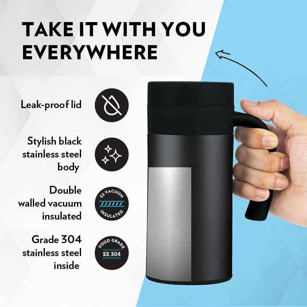 Borosil Cafetime Mug, Stainless Steel Insulated Travel Mug, Double Wall Vacuum Insulation, For Carrying Tea, Coffee, Soup, 400 Ml, Black