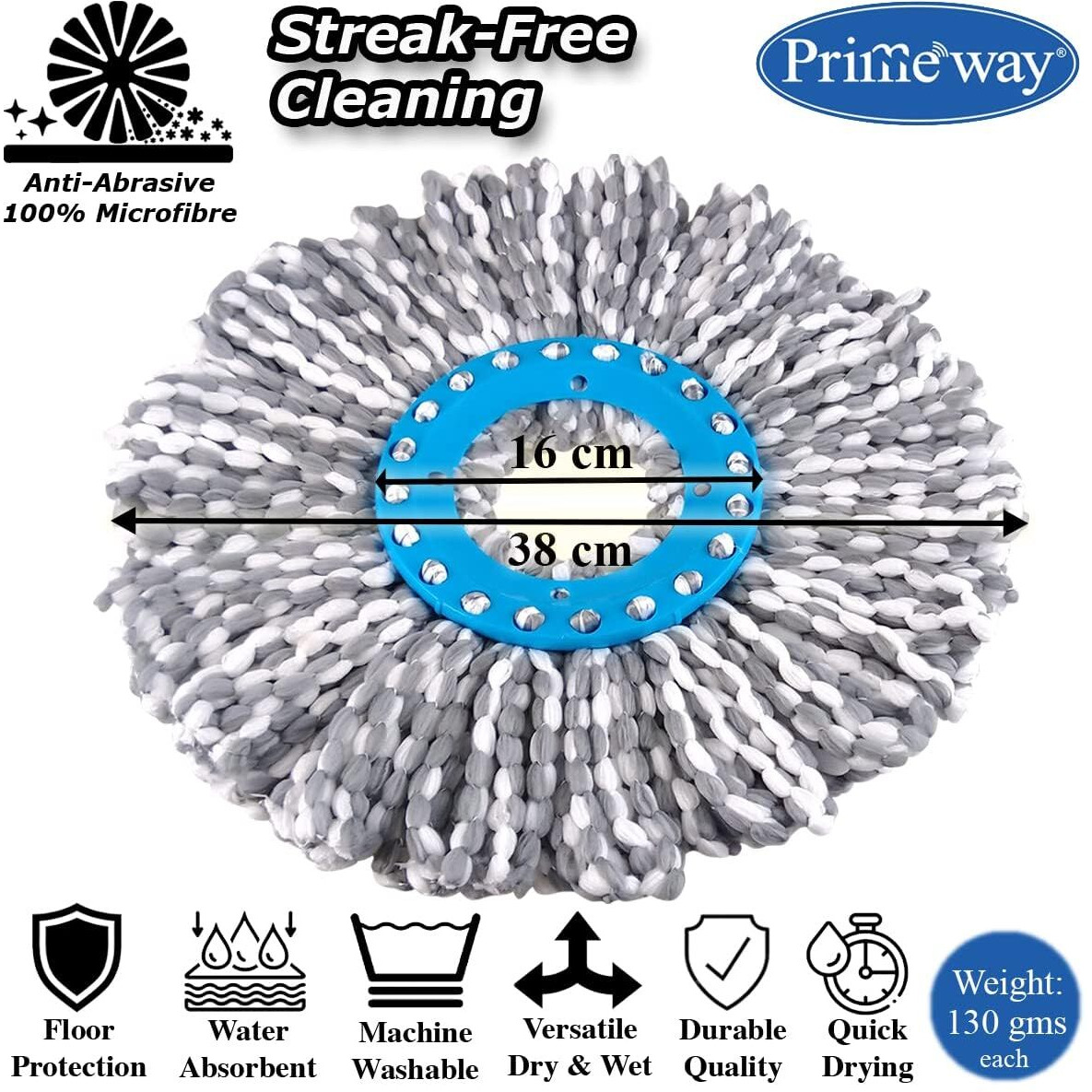 Primeway Polyester Microfiber Spin Mop Replacement Mop Head Refills | 130 Grams Each | Pack Of 3 Pcs | Assorted