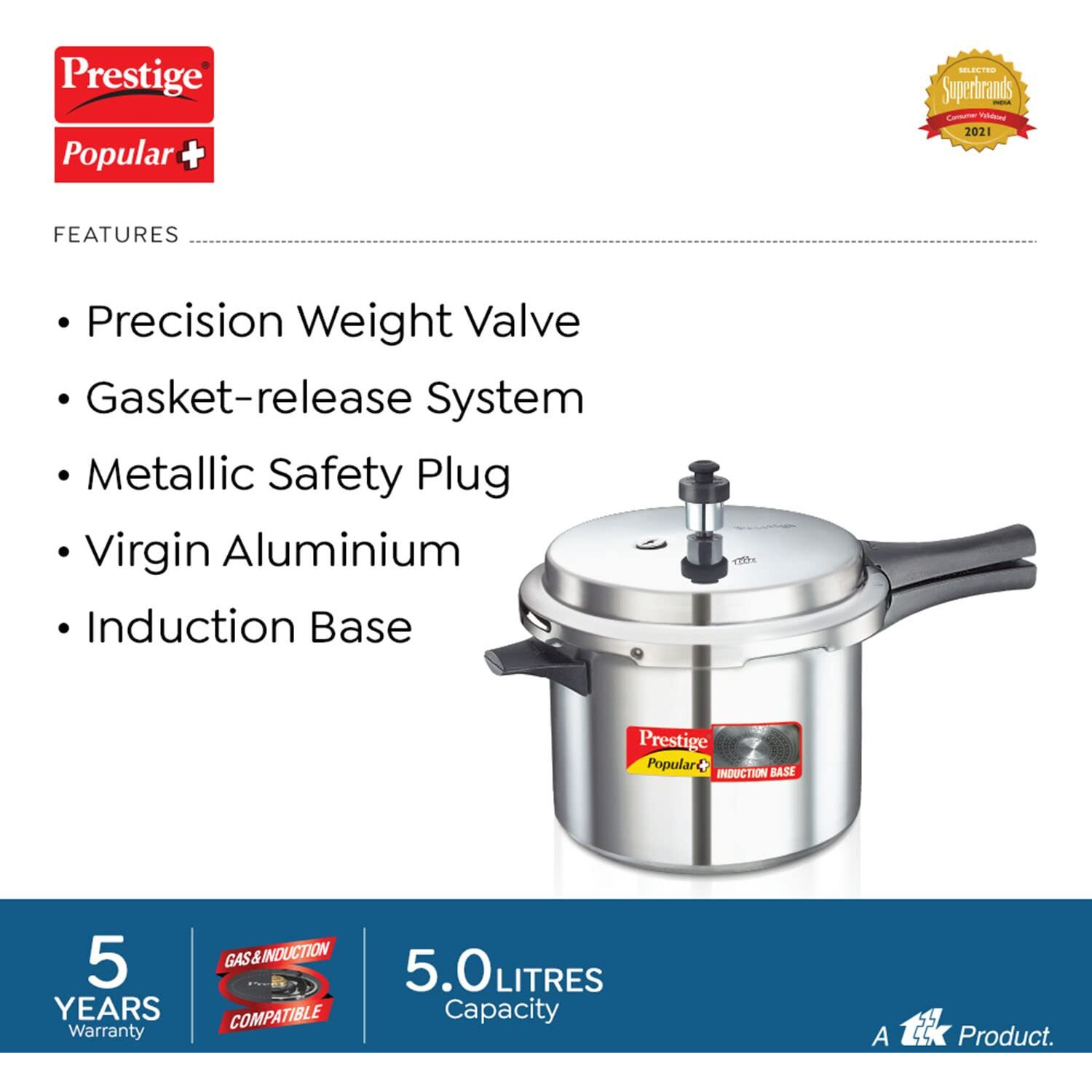 Prestige Popular Plus 5L Aluminium Pressure Cooker|Ideal For 5-7 Person|Deep Lid For Spillage Control|Gas & Induction Compatible|Mini Metallic Safety Plug|Controlled Gasket-Release System|5Y Warranty