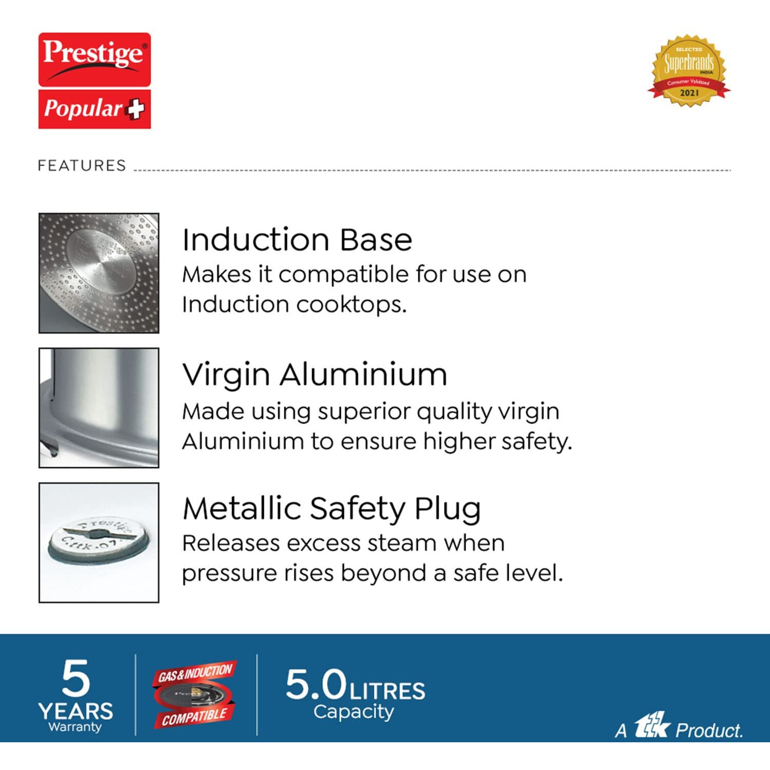 Prestige Popular Plus 5L Aluminium Pressure Cooker|Ideal For 5-7 Person|Deep Lid For Spillage Control|Gas & Induction Compatible|Mini Metallic Safety Plug|Controlled Gasket-Release System|5Y Warranty
