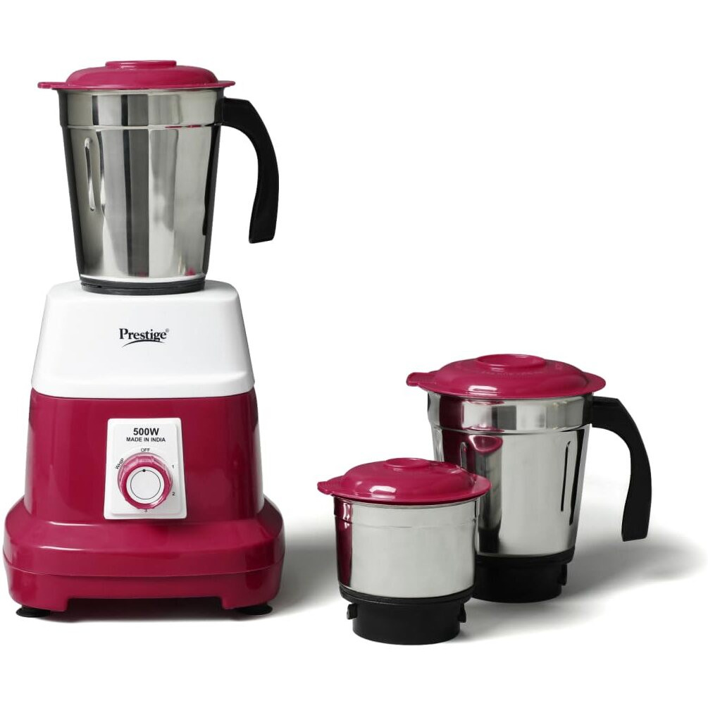 Prestige Orion 500 Watts Mixer Grinder With 3 Stainless Steel Jars |3 Super Efficient Stainless Blades |Sturdy Handles|Red & White