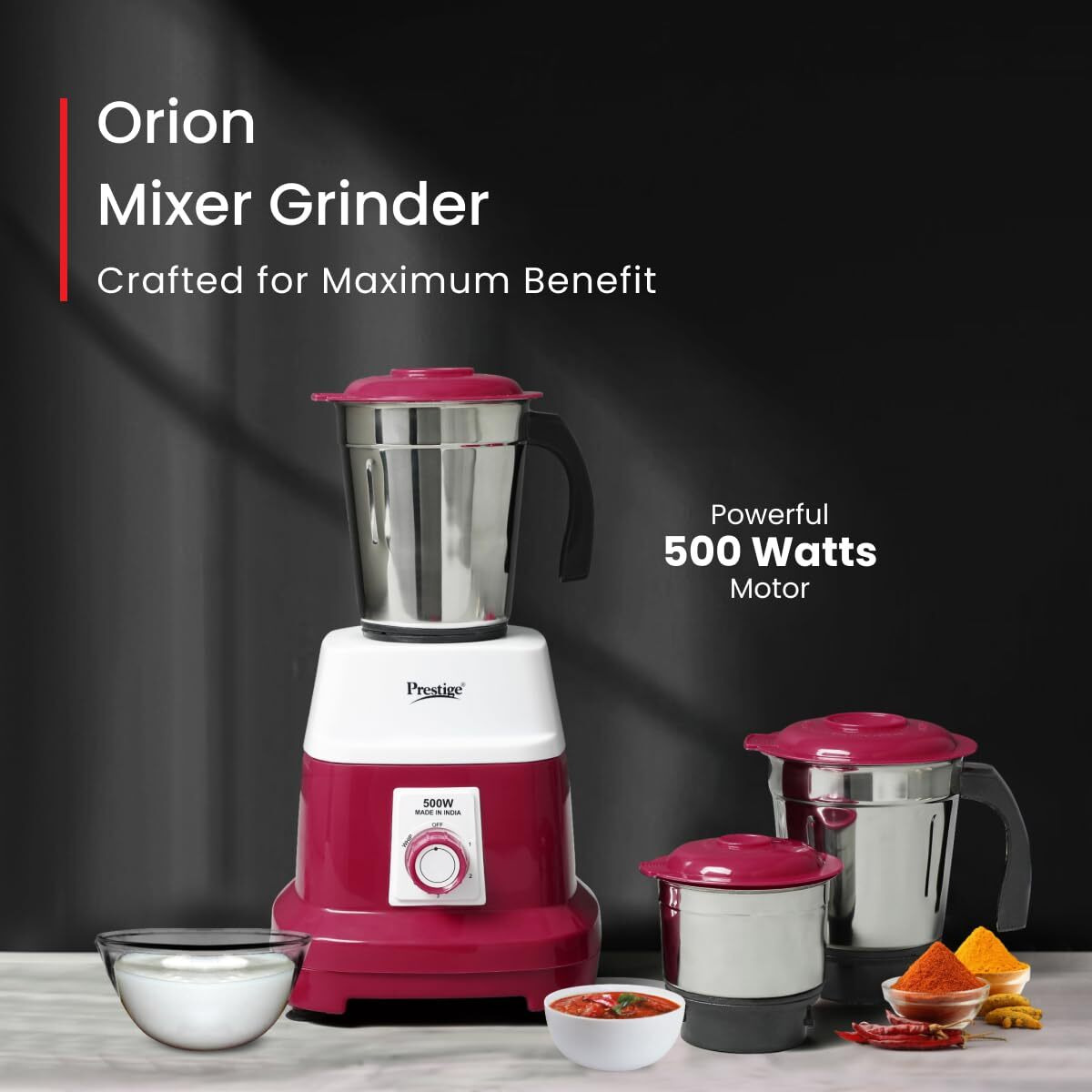 Prestige Orion 500 Watts Mixer Grinder With 3 Stainless Steel Jars |3 Super Efficient Stainless Blades |Sturdy Handles|Red & White