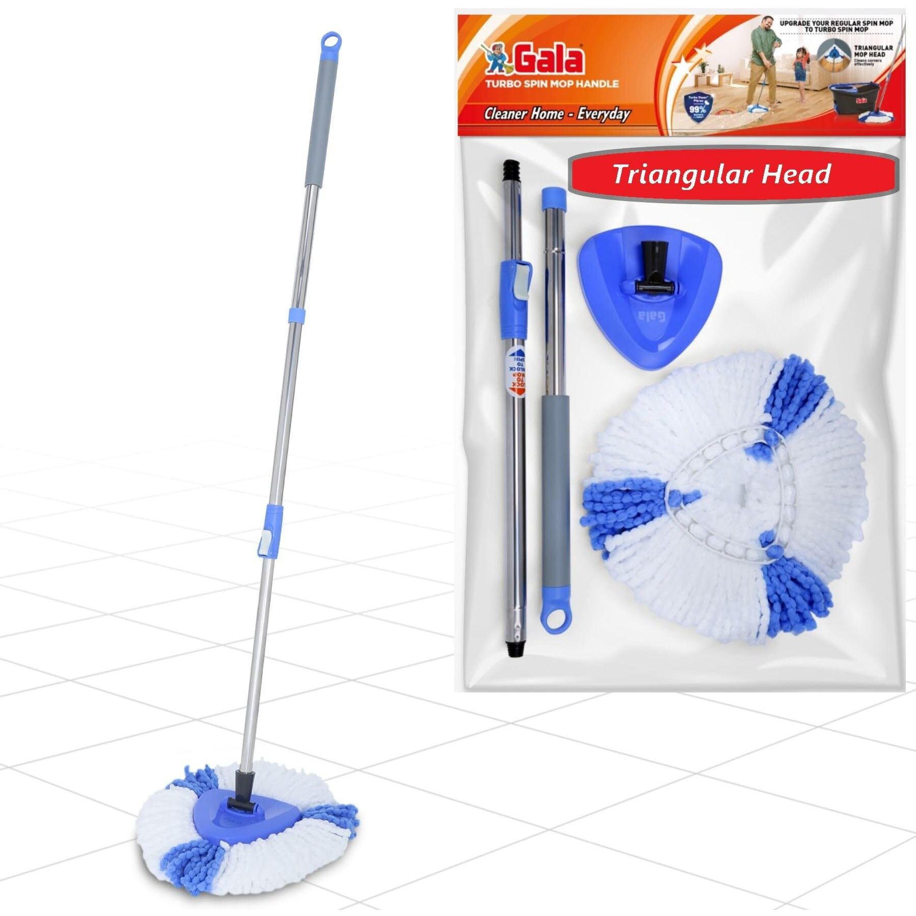 Gala Turbo Triangular Spin Mop Handle With Refill, Durable Replacement Handle With Rubber Grip For Turbo Spin Mop