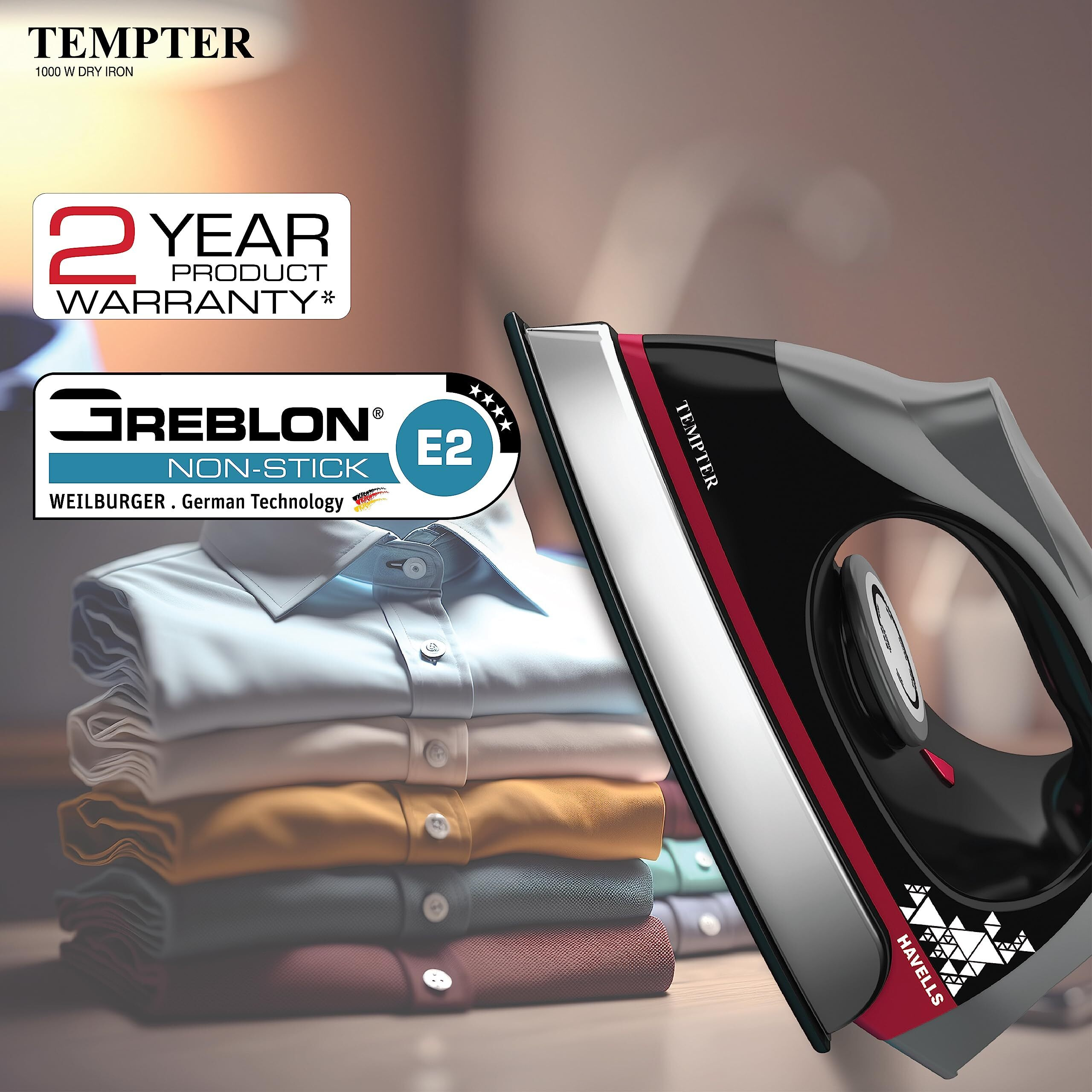 Havells Abs Tempter 1000 Watts Dry Iron Press With Greblon E2 Grade Non-Stick Coated Sole Plate Aerodynamic Design With Shock Proof Front 2 Year Warranty