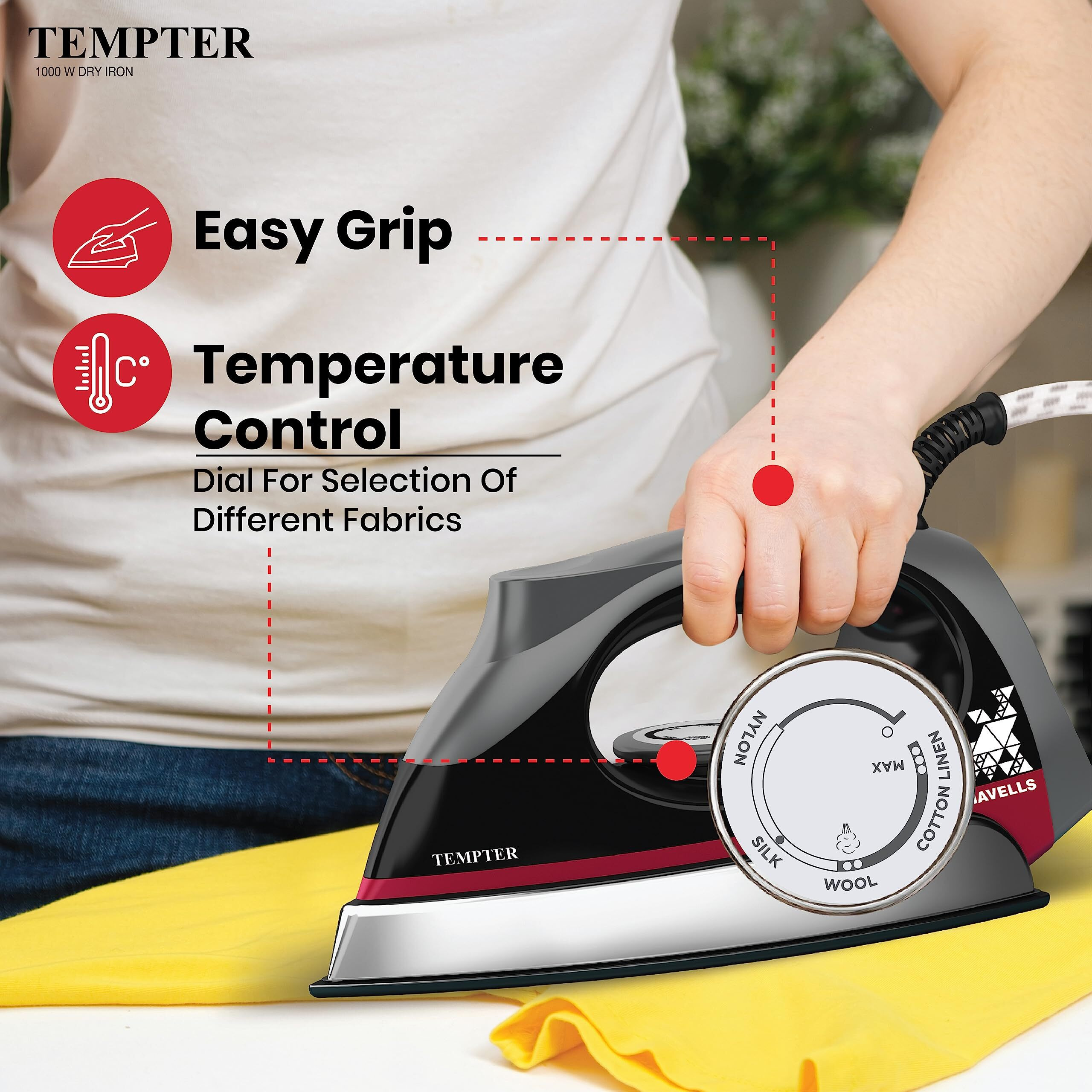 Havells Abs Tempter 1000 Watts Dry Iron Press With Greblon E2 Grade Non-Stick Coated Sole Plate Aerodynamic Design With Shock Proof Front 2 Year Warranty