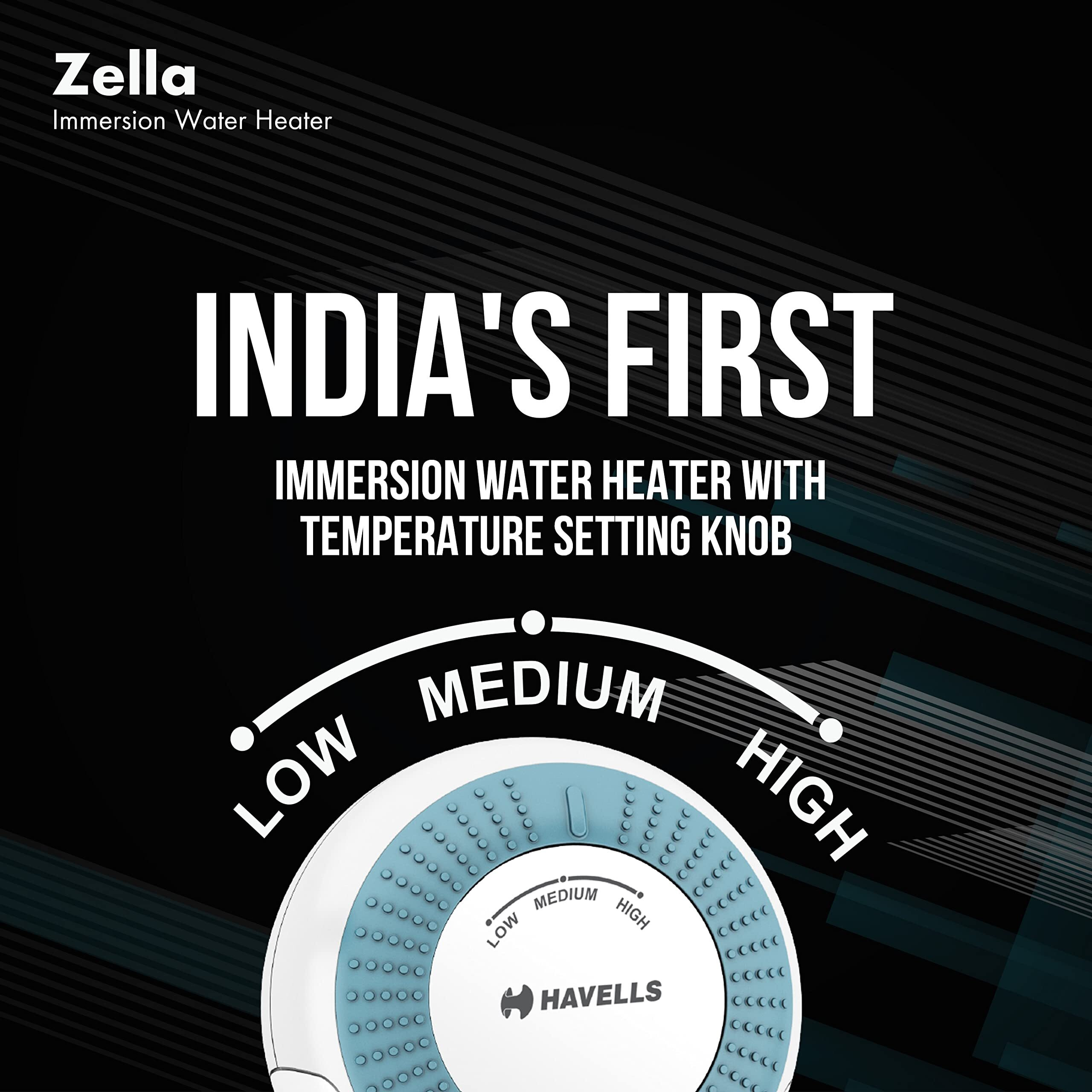 Havells Plastic Zella 1000 Watts Immersion Heater|Automatic Cut-Off,Temp. Setting,Isi Mark 3 Pin Molded Plug|Protection Cover,Nickel Plating,Smart Switch For Safe Operation,Warranty 2 Year|(Blue)