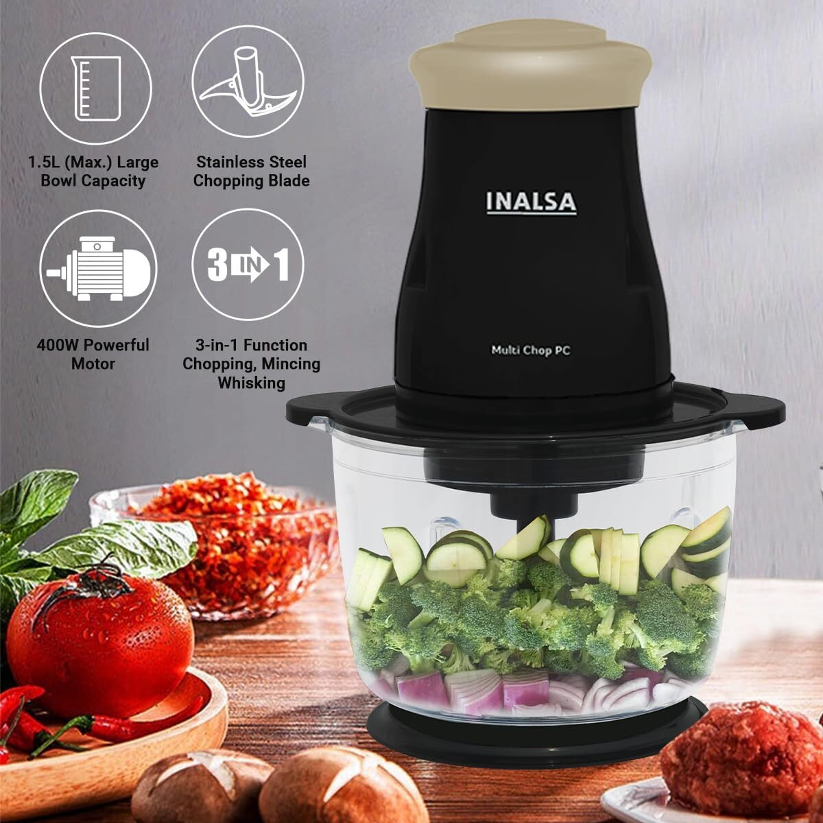 Inalsa Electric Chopper For Kitchen & Meat Grinder|1.5 L Capacity|Unbreakable Bowl|400 W Motor|Stainless Steel Double Layer Chopping Blade & Whisking Blade|Chop, Mince&Whisk|2 Yr Warranty-Multichoppc