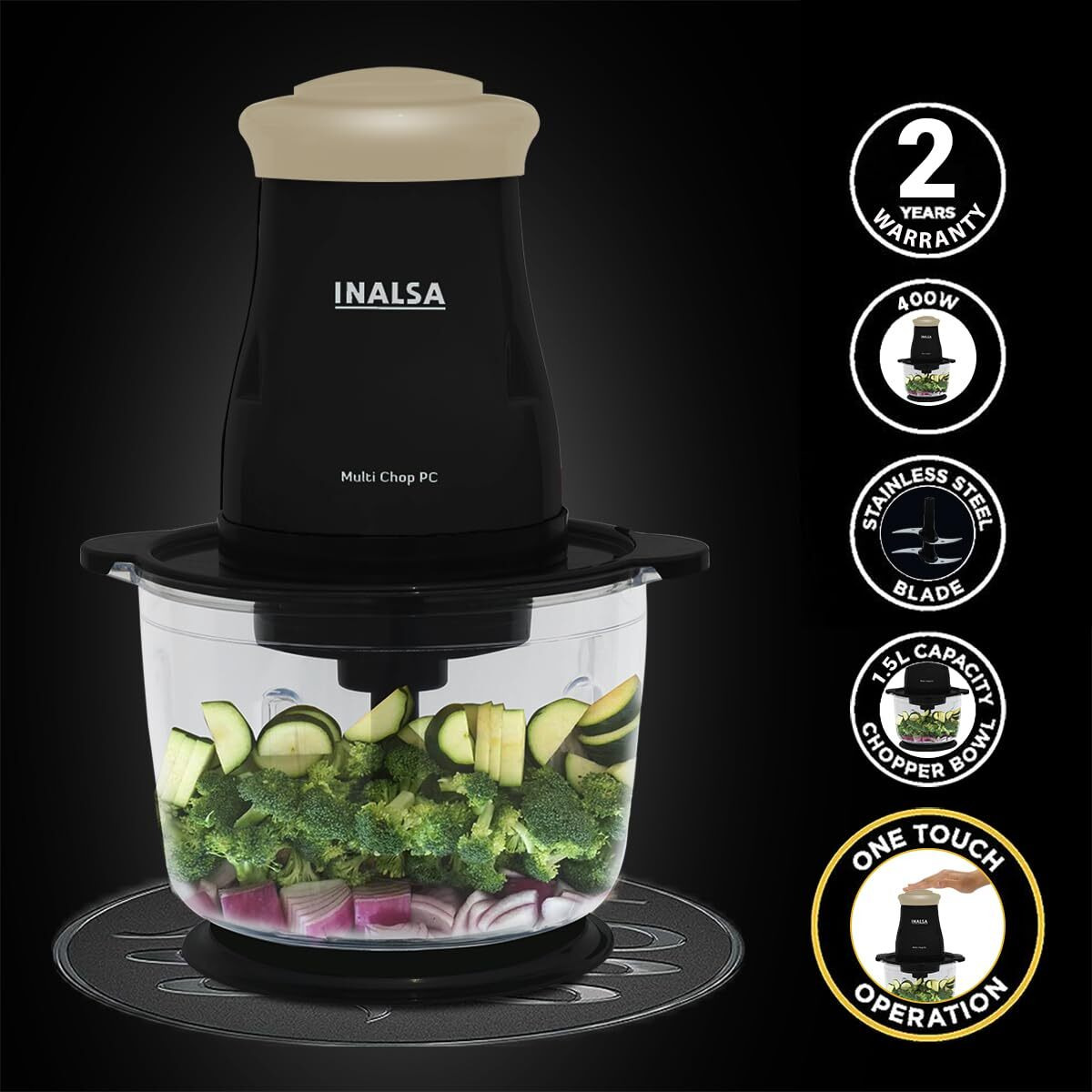 Inalsa Electric Chopper For Kitchen & Meat Grinder|1.5 L Capacity|Unbreakable Bowl|400 W Motor|Stainless Steel Double Layer Chopping Blade & Whisking Blade|Chop, Mince&Whisk|2 Yr Warranty-Multichoppc