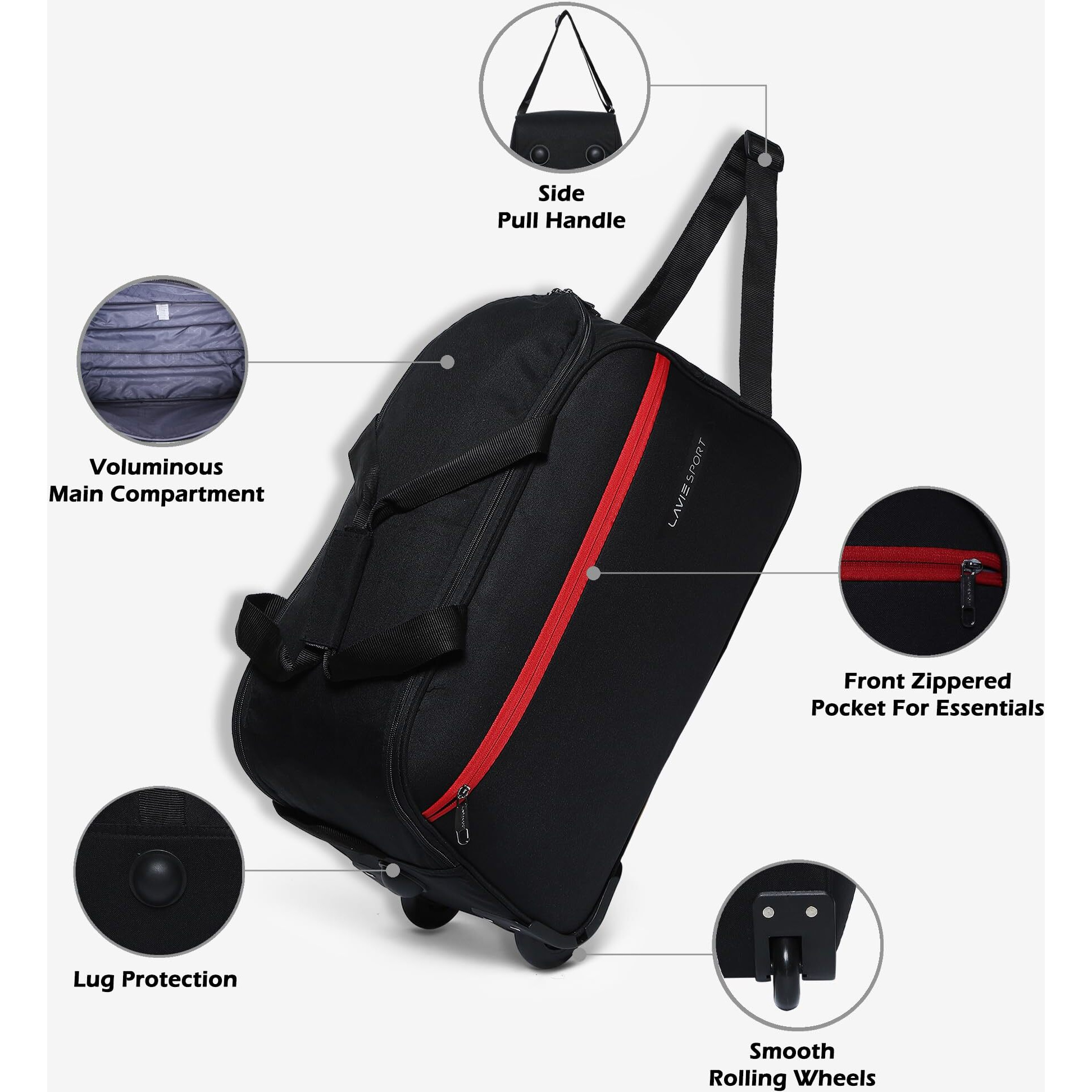 Lavie Sport Polyester Lino M Large Size 63 Cms Duffle Wheeler Bag | 2 Wheel Duffle Bag | Duffle Bag With Adjustable Handle, 28 Cm, Black