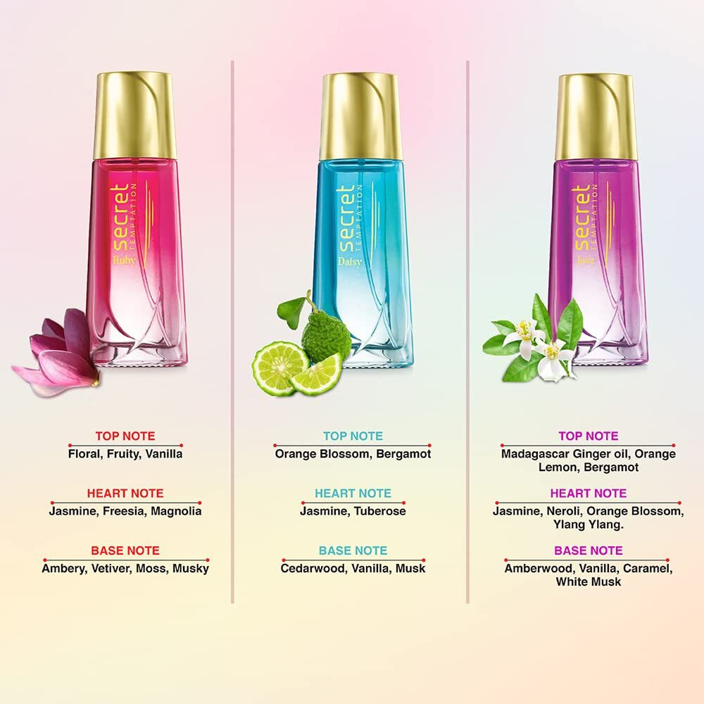 Secret Temptation Eau De Parfum Gift Set For Women, Pack Of 3 (3X30Ml) | Premium Long-Lasting Perfume Gift Pack | Elegant & Luxurious Fragrances With Ruby, Daisy & Jazz | Best Gift For Her For Any Occasion