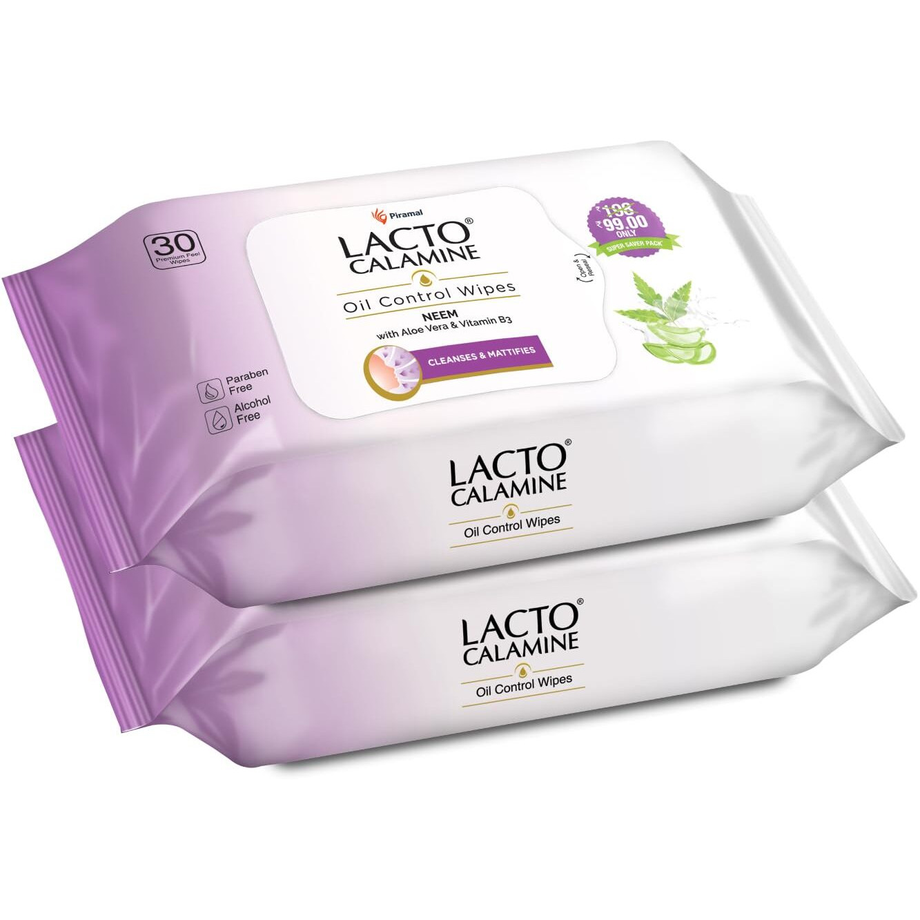 Lacto Calamine Oil Control Face Wipes | 30 N Each- Pack Of 2 | Wet Wipes For Face With Neem, Aloe Vera & Niacinamide | Makeup Remover Wipes | Hydrating, Refreshing, Soothing | Pararben & Alcohol Free