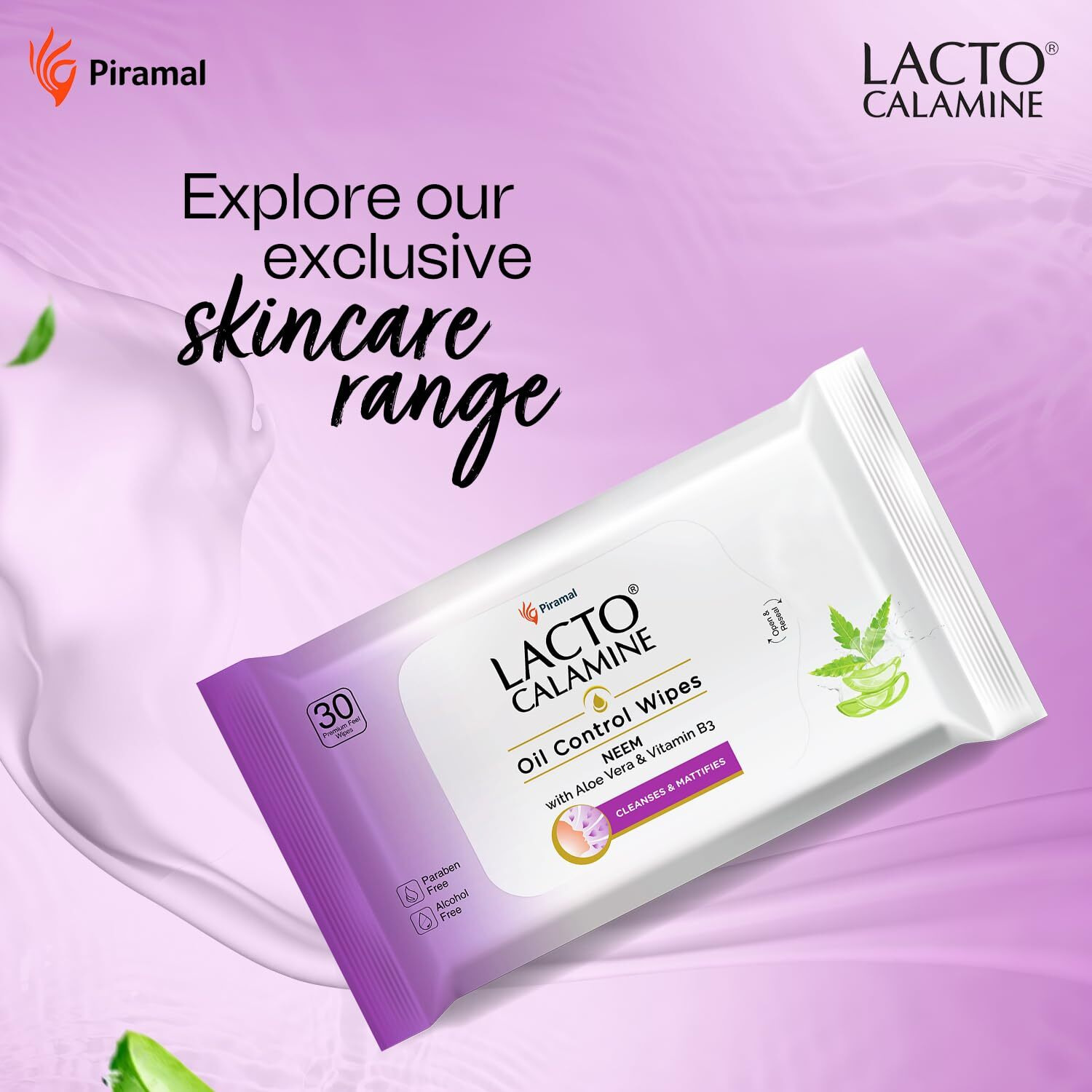 Lacto Calamine Oil Control Face Wipes | 30 N Each- Pack Of 2 | Wet Wipes For Face With Neem, Aloe Vera & Niacinamide | Makeup Remover Wipes | Hydrating, Refreshing, Soothing | Pararben & Alcohol Free