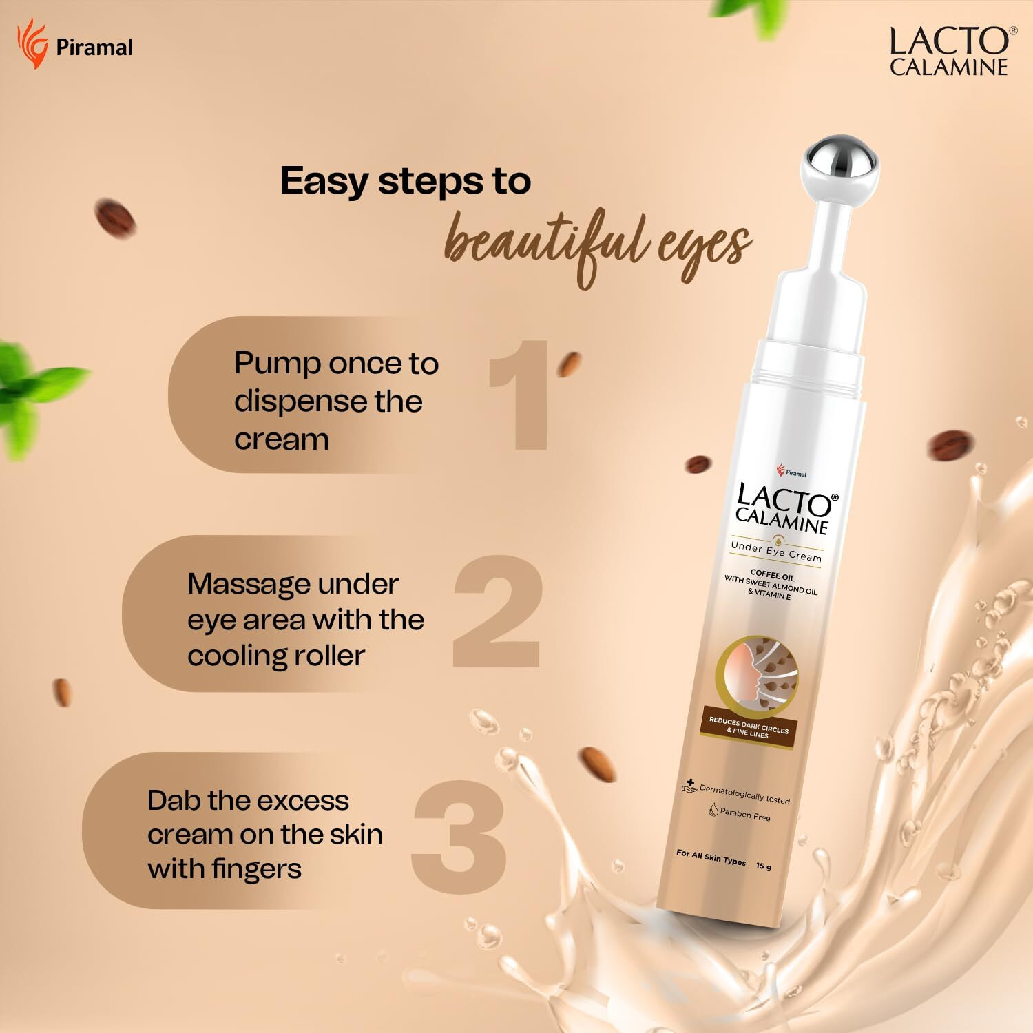 Lacto Calamine Under Eye Cream For Dark Circles For Women & Men | Fine Lines & Puffy Eyes With Cooling Massage Roller | 15G | With Coffee Oil, Multi-Peptides, Niacinamide, & Vitamin E