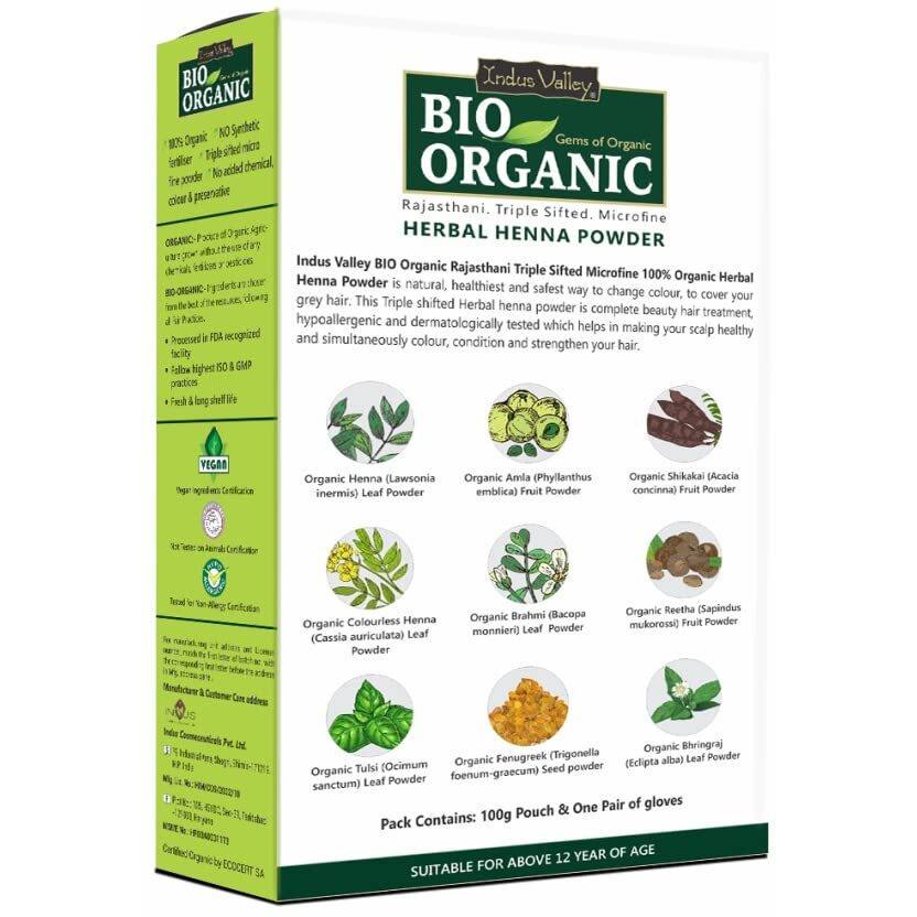 Indus Valley Bio Organic Herbal Henna Powder For Hair |Chemical-Free With Tulsi, Amla, Shikakai, Reetha, Fenugreek, Cassia & Bhringraj | Fortifies Hair Health | 200G (2 X 100G)